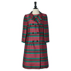 Raw silk dress and coat ensemble whit pink and green striped Circa 1960's