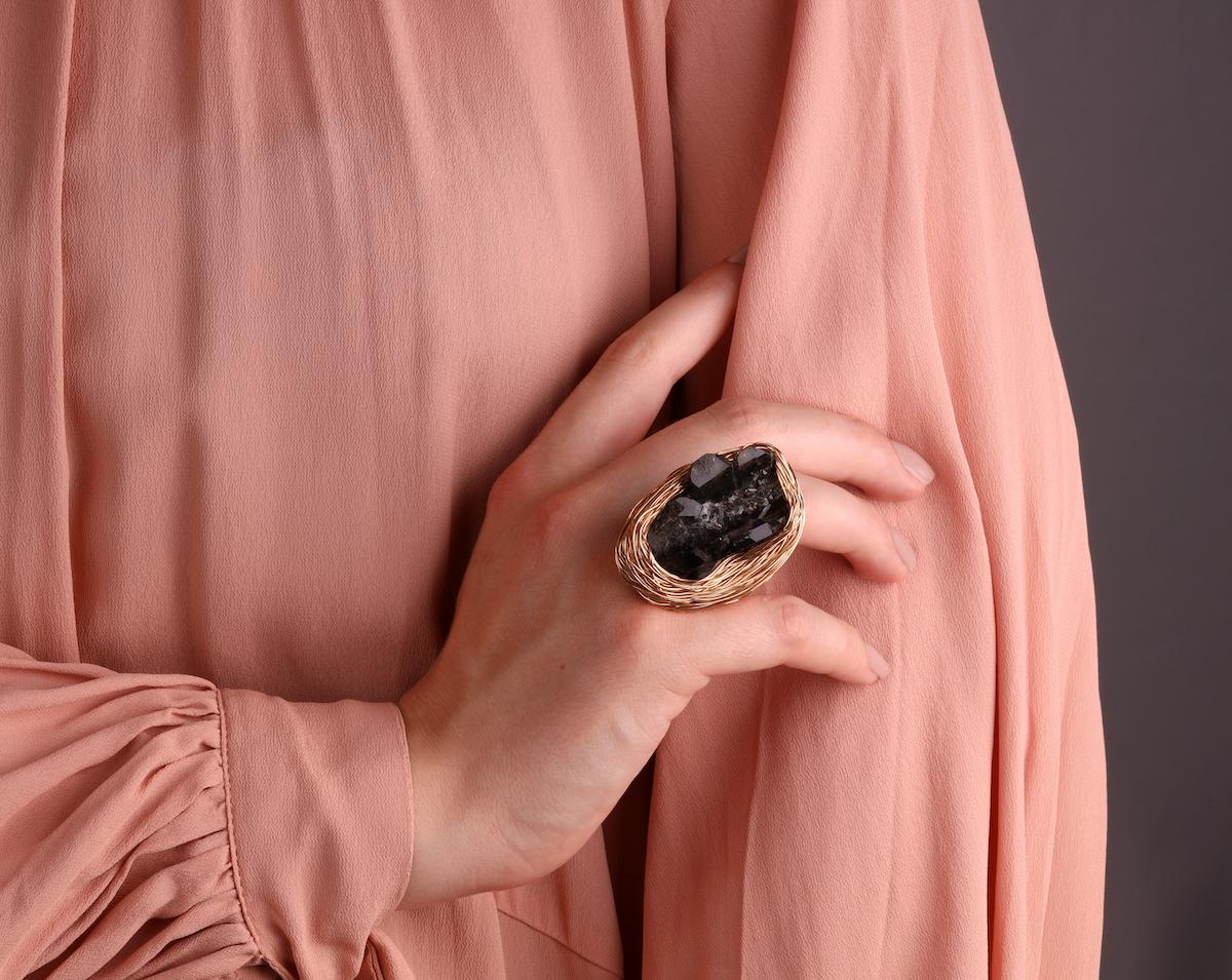 Rough Cut Raw Smoke Quartz one-of-a-kind Cocktail and Statement Ring by the Artist For Sale