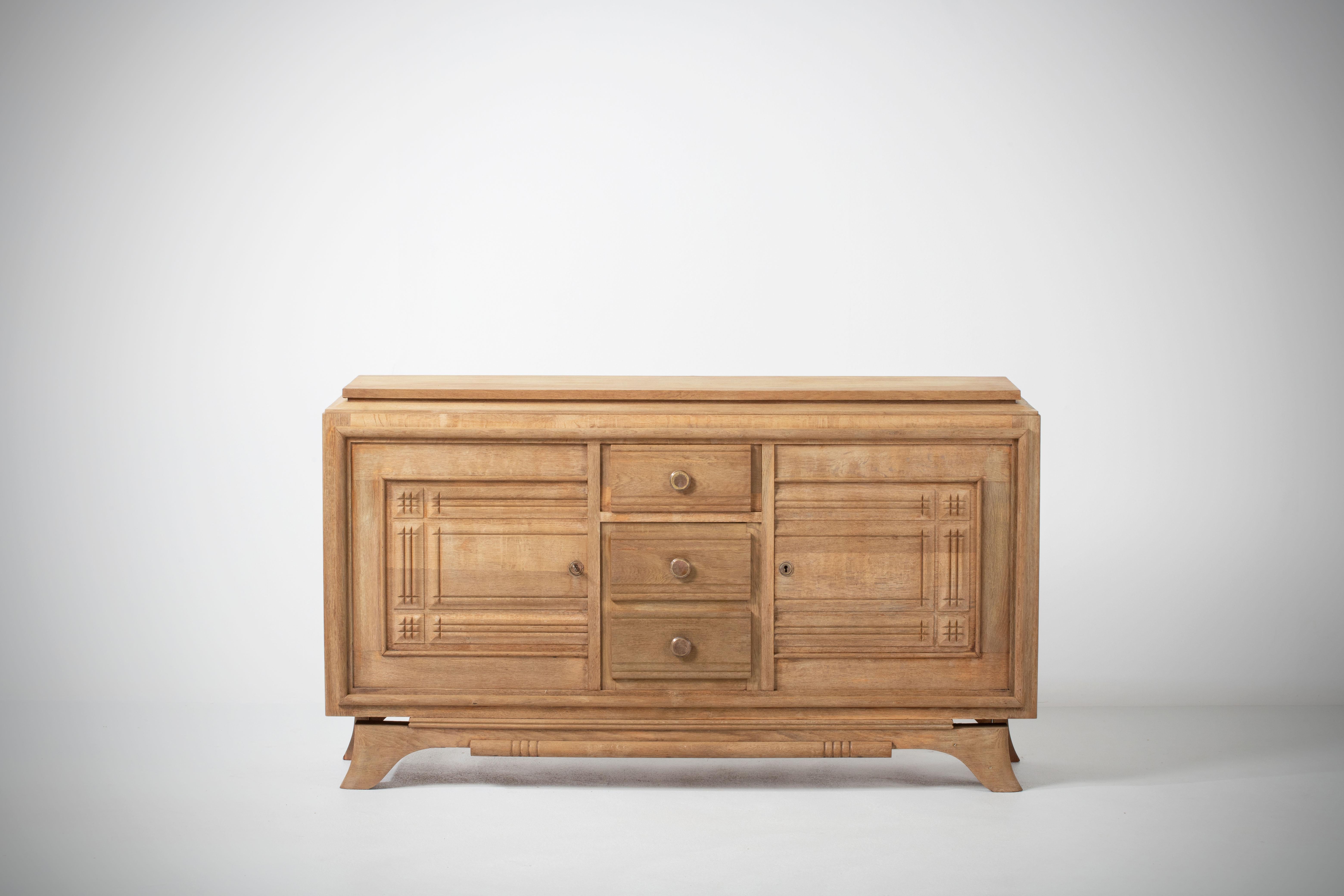 Art Deco Raw Solid Oak Cabinet, France, 1940s For Sale
