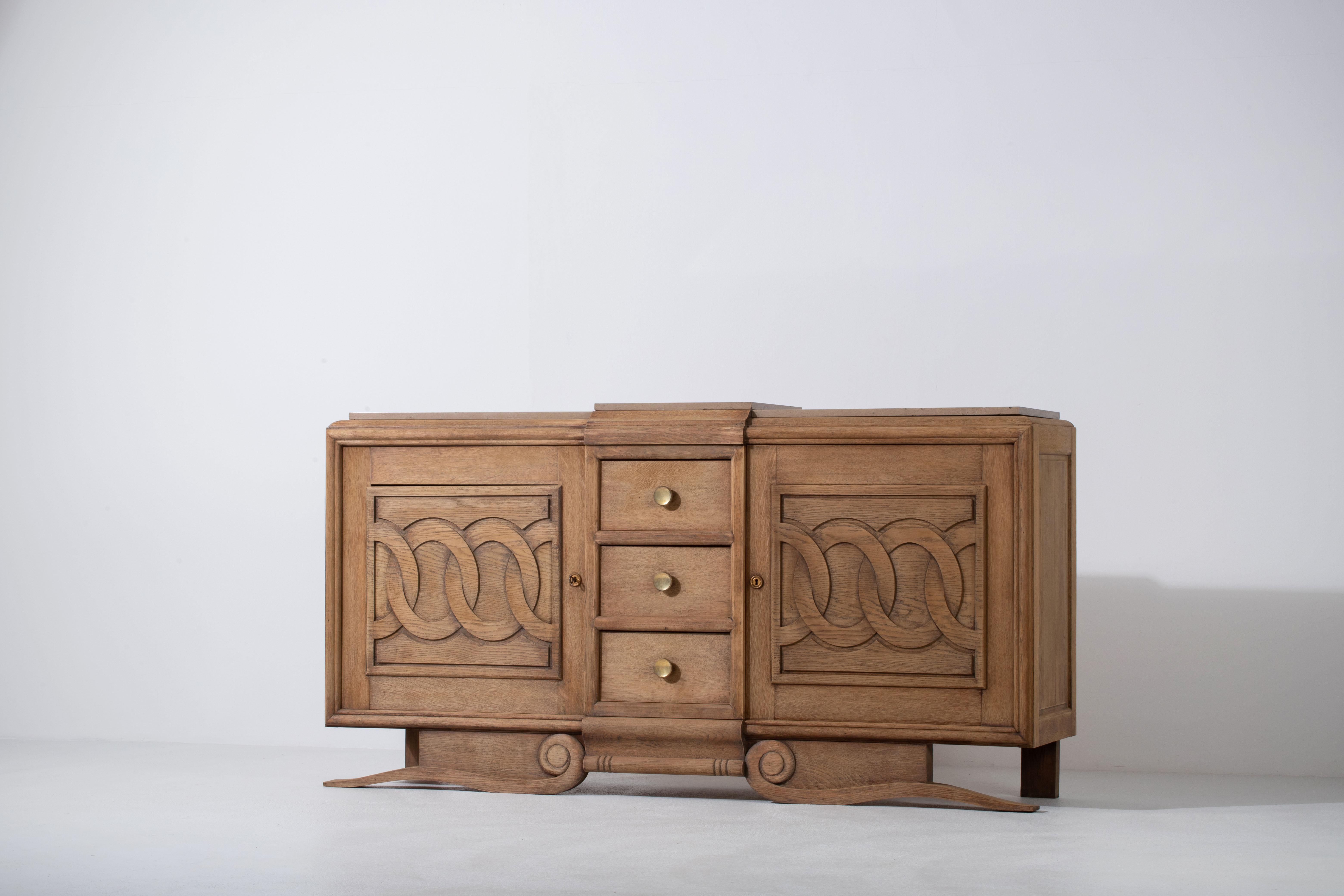 Art Deco Raw Solid Oak Cabinet, France, 1940s For Sale