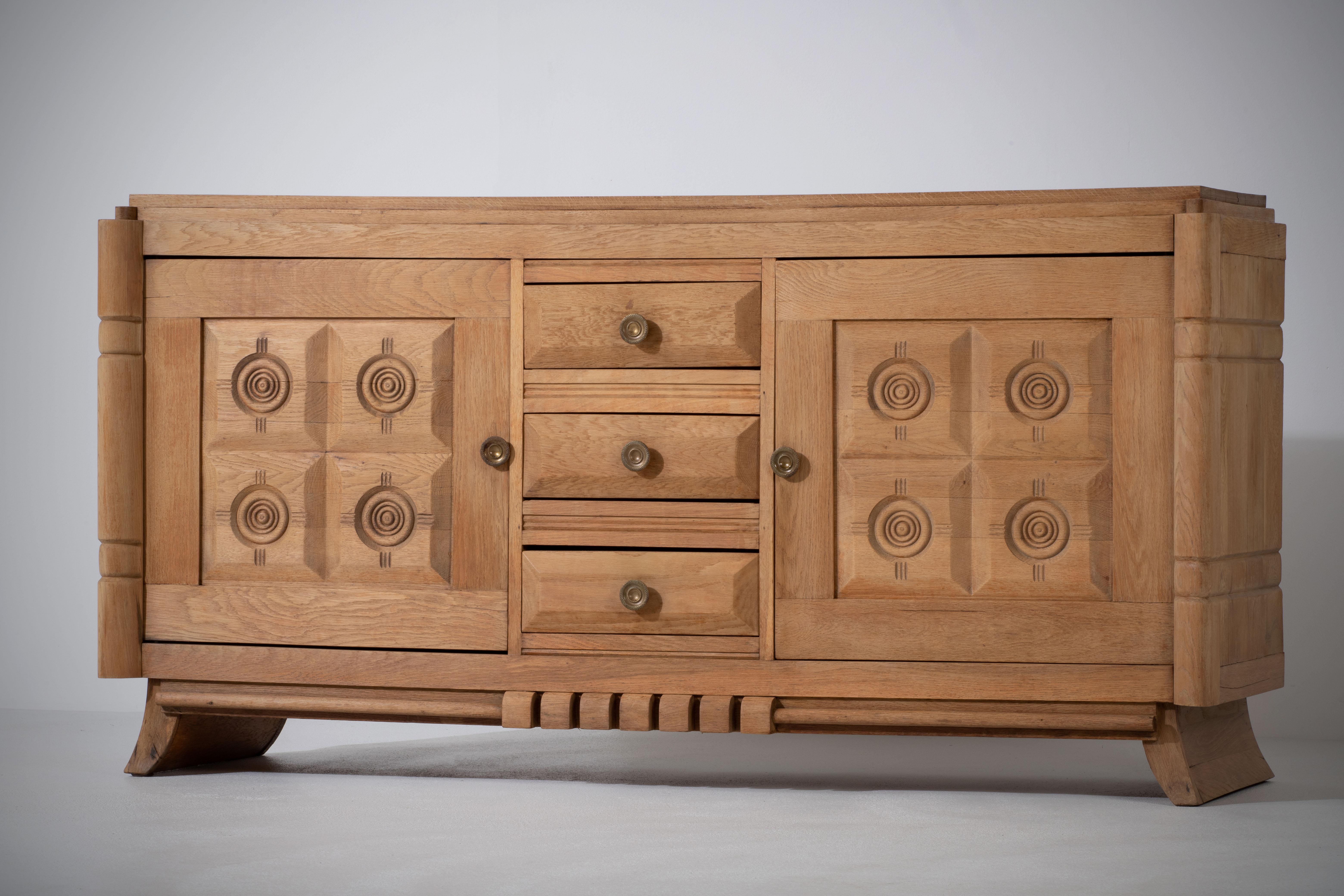 Raw Solid Oak Cabinet with Graphic Details, France, 1940s 4