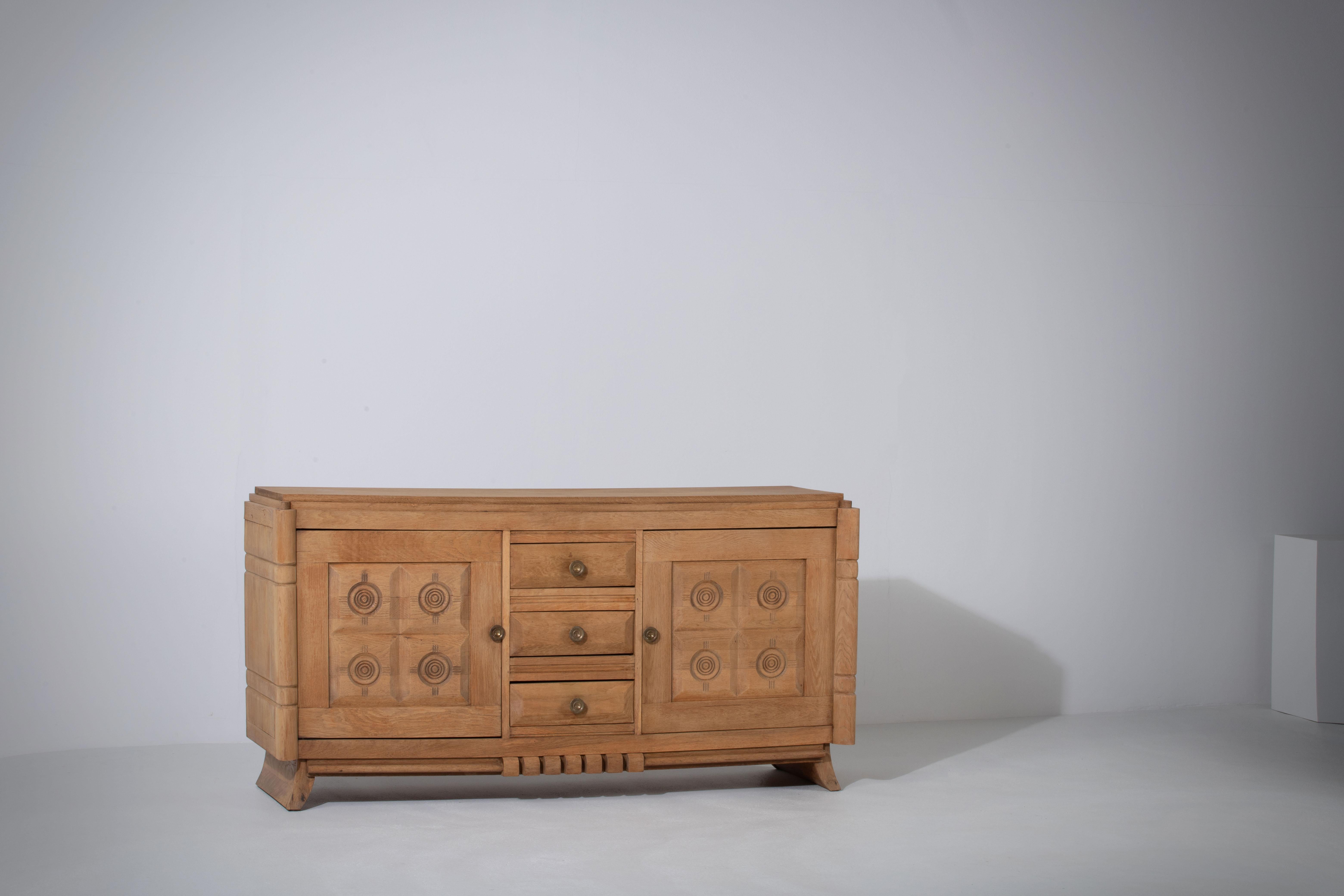 Raw Solid Oak Cabinet with Graphic Details, France, 1940s 10
