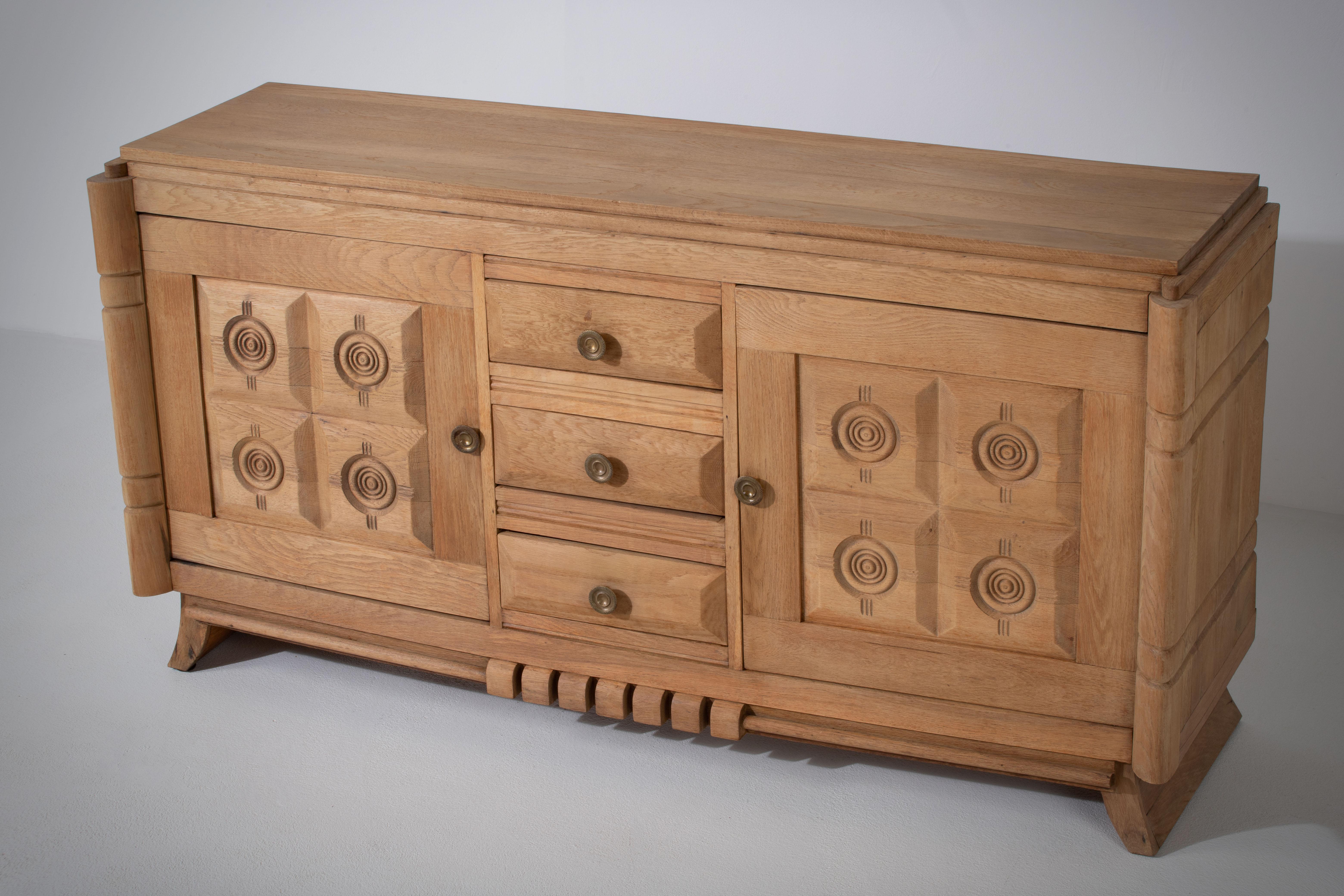 Raw Solid Oak Cabinet with Graphic Details, France, 1940s 17
