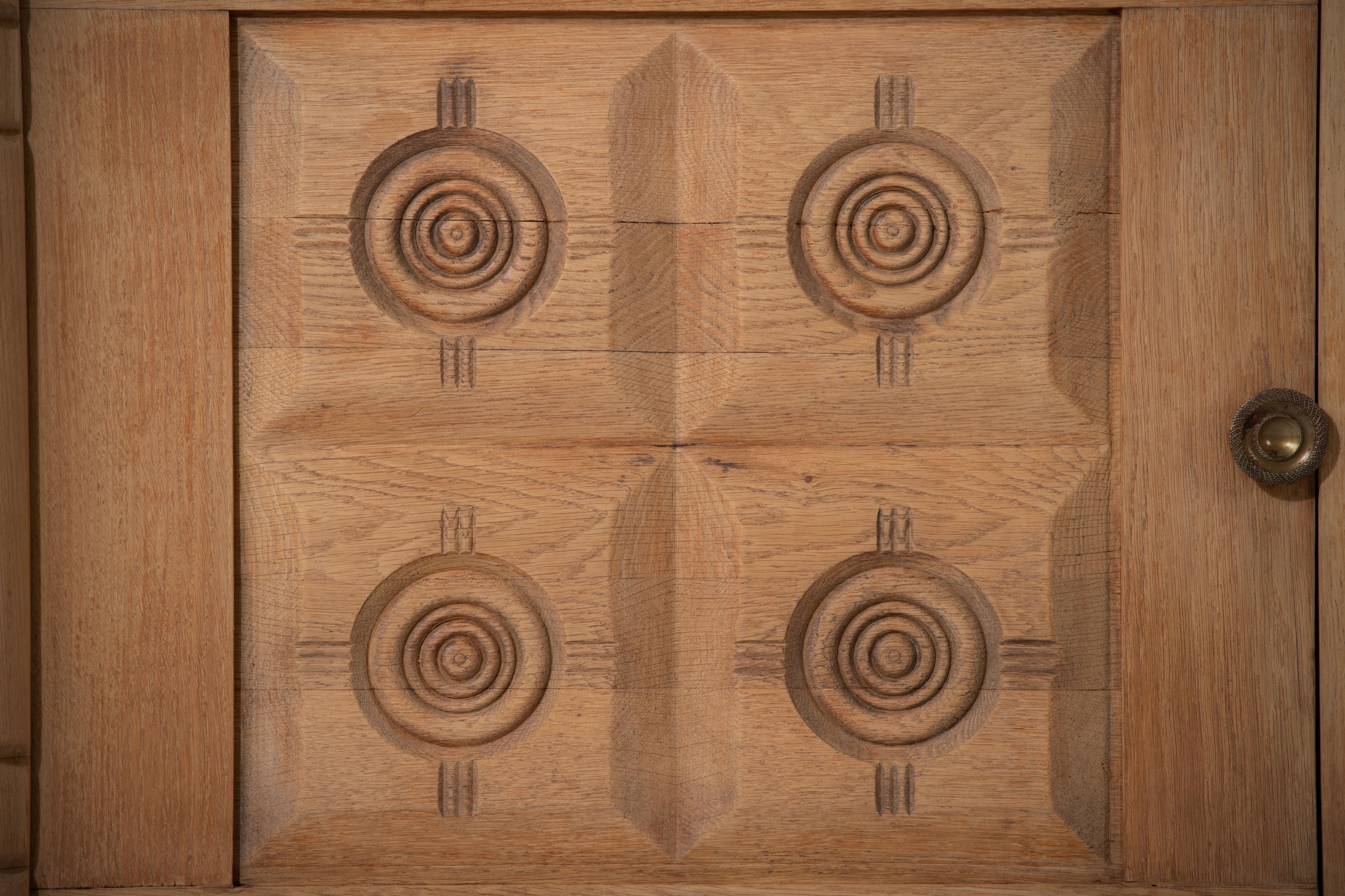 Raw Solid Oak Cabinet with Graphic Details, France, 1940s 20
