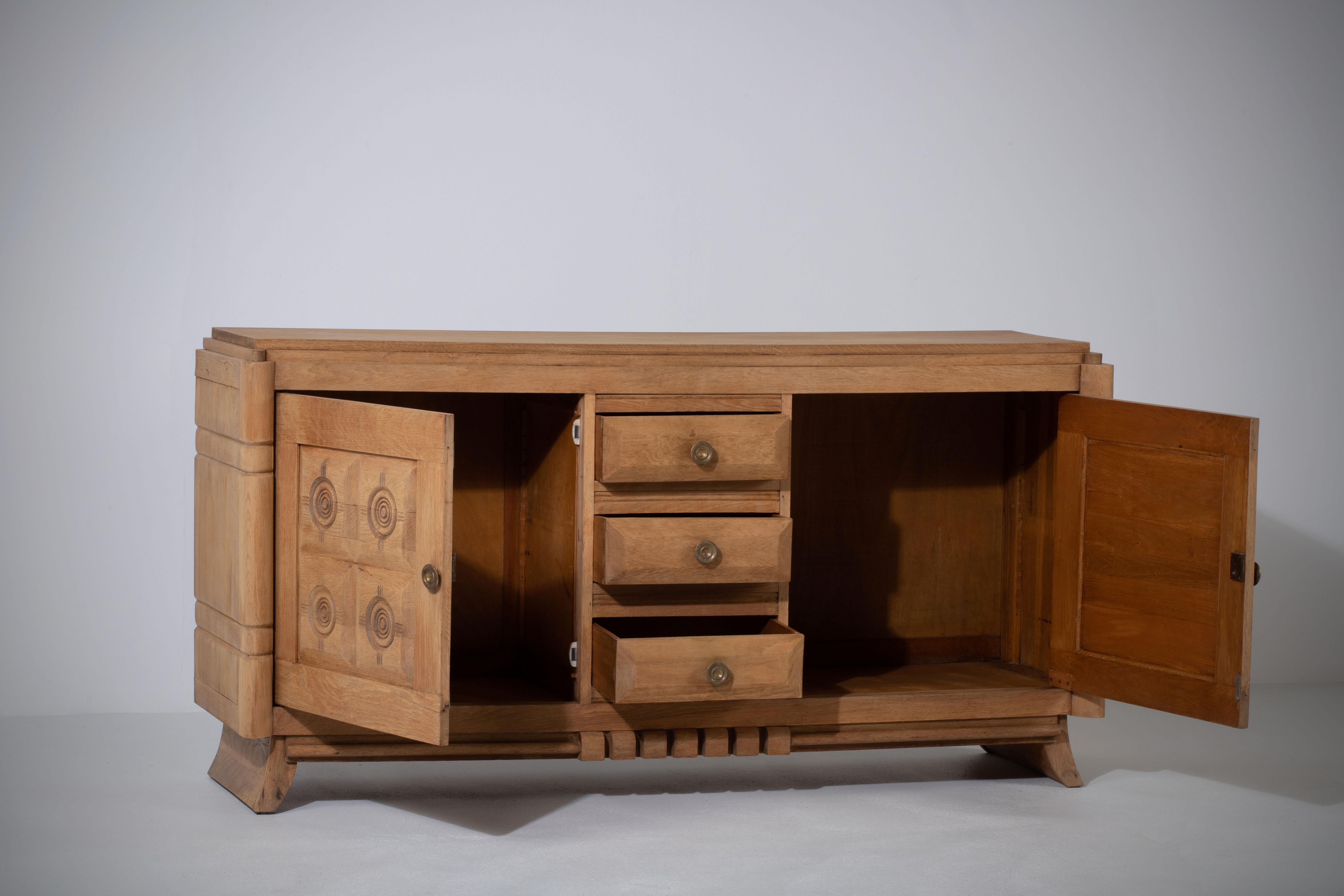 Art Deco Raw Solid Oak Cabinet with Graphic Details, France, 1940s