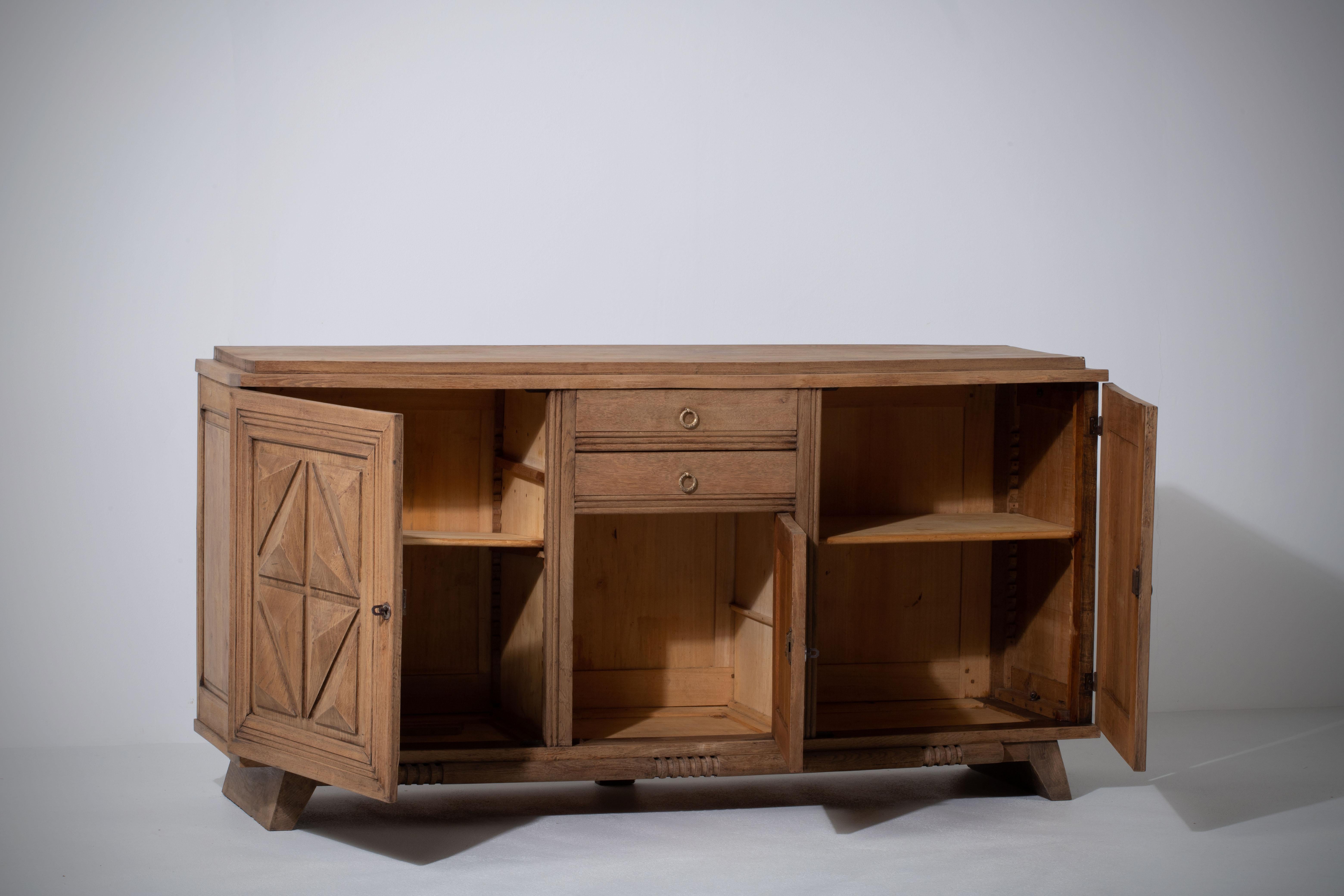Art Deco Raw Solid Oak Cabinet with Graphic Details, France, 1940s For Sale
