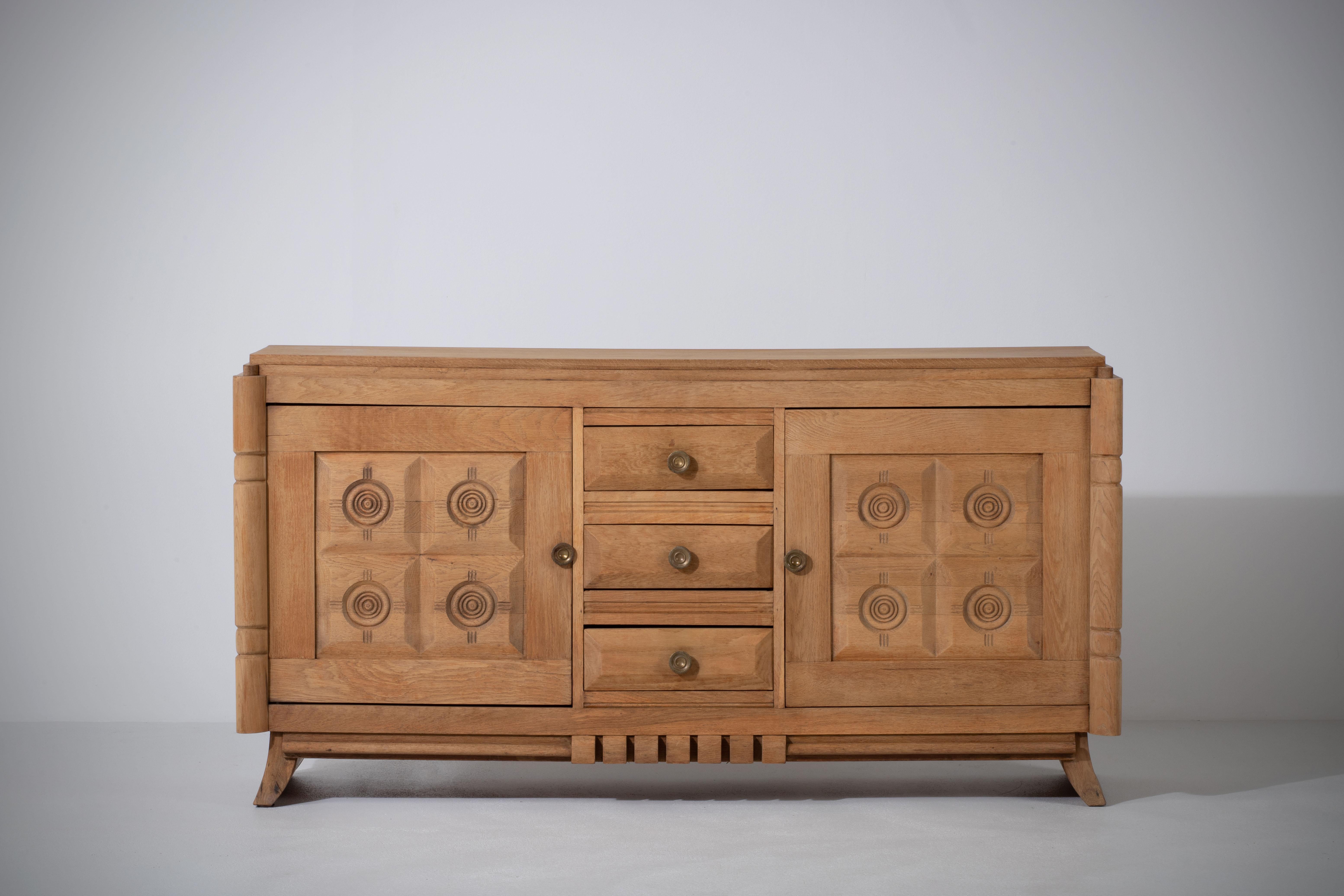 French Raw Solid Oak Cabinet with Graphic Details, France, 1940s