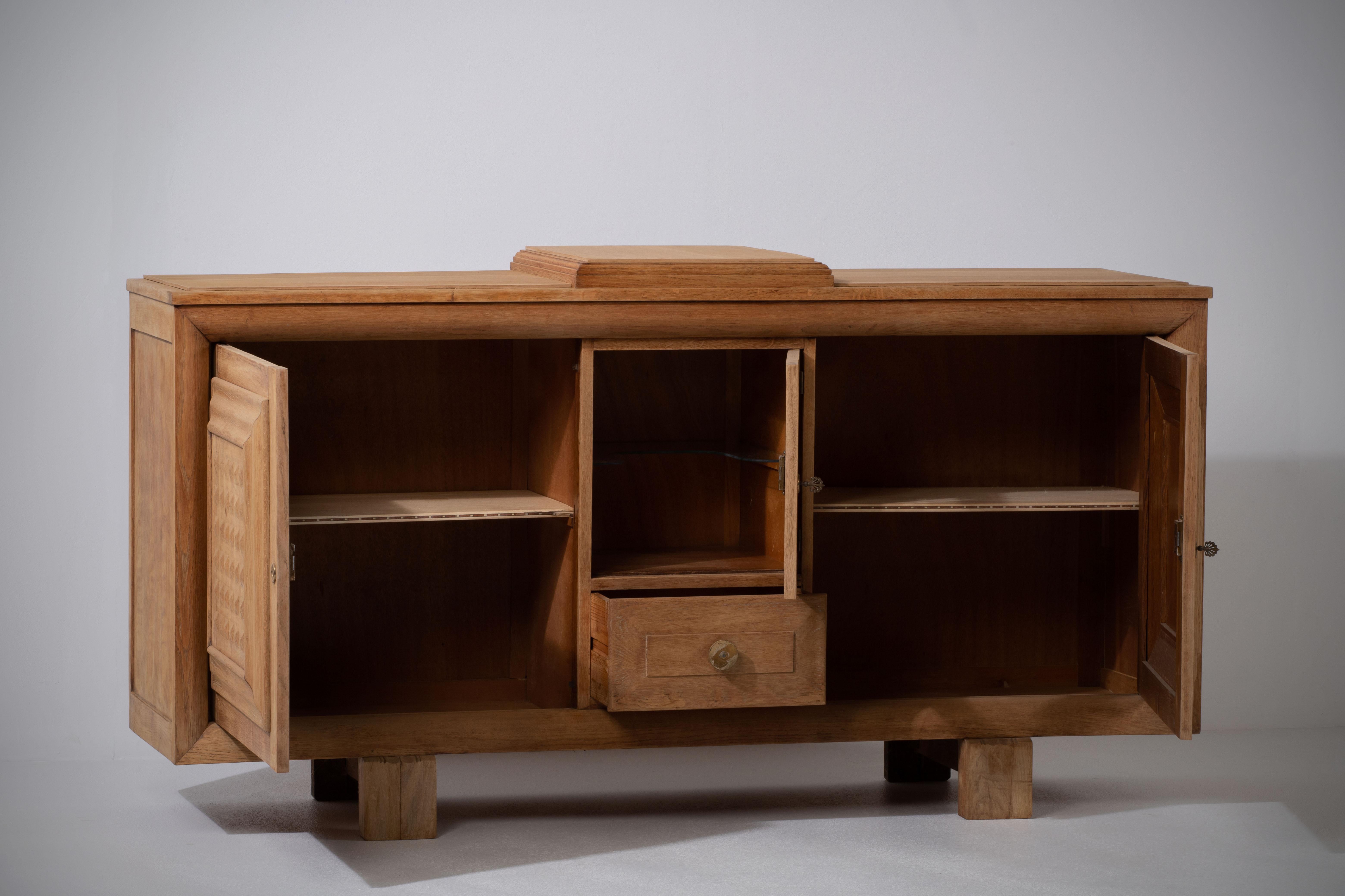 French Raw Solid Oak Cabinet with Graphic Details, France, 1940s For Sale