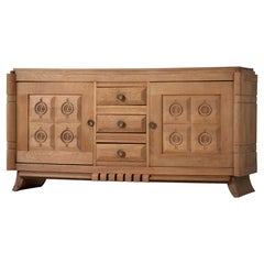 Raw Solid Oak Cabinet with Graphic Details, France, 1940s