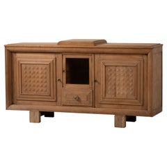 Raw Solid Oak Cabinet with Graphic Details, France, 1940s