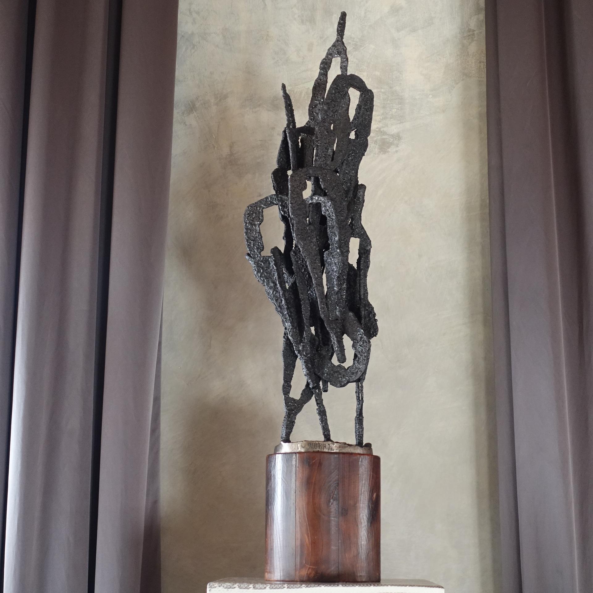 Brutalist Raw Steel Abstract Sculpture by Antonio Murri, Wood Base, Italy, circa 1970s