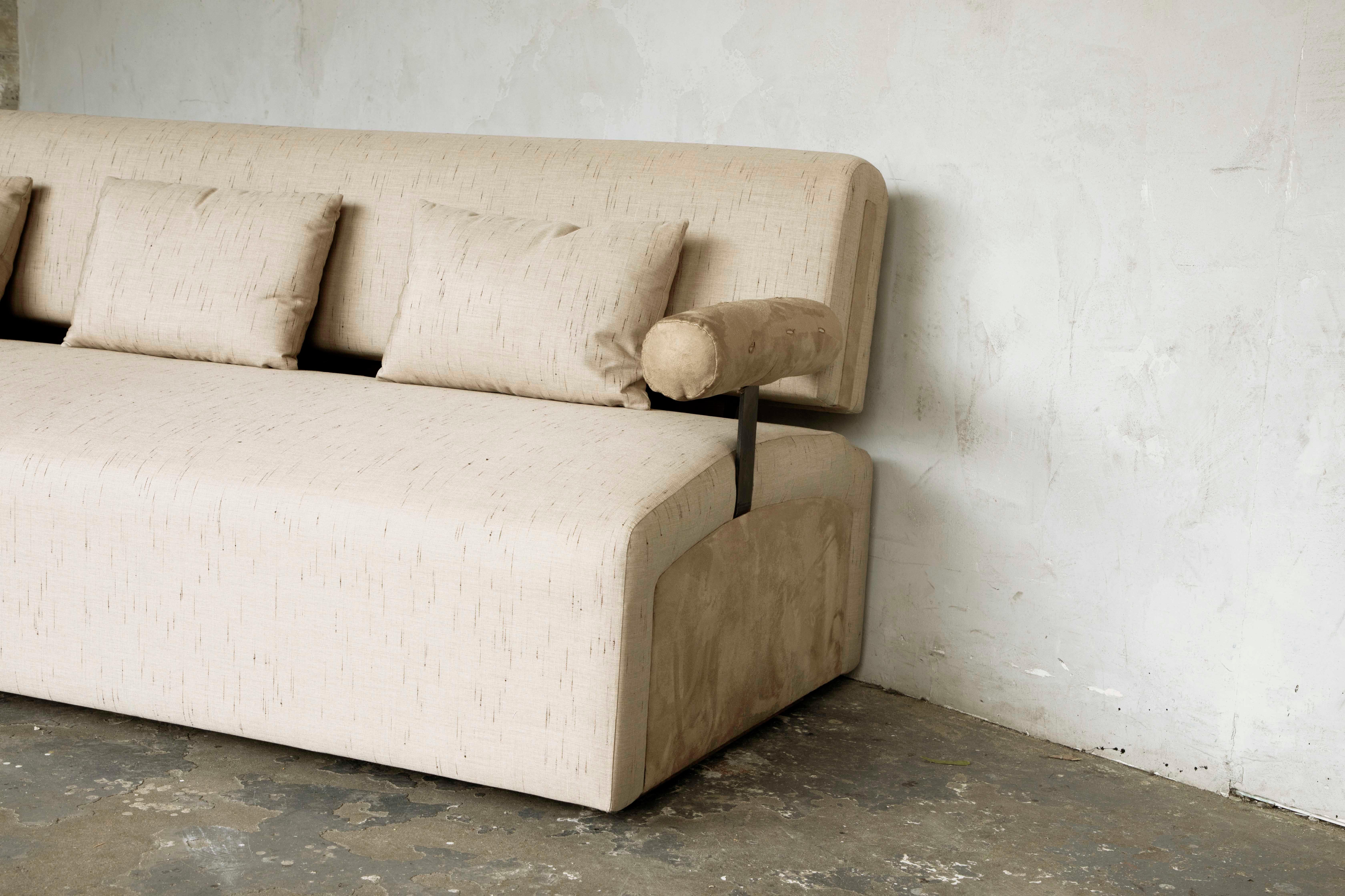 Raw Steel and Upholstered Oak, Contemporary, Sculptural, Pisa Sofa For Sale 2