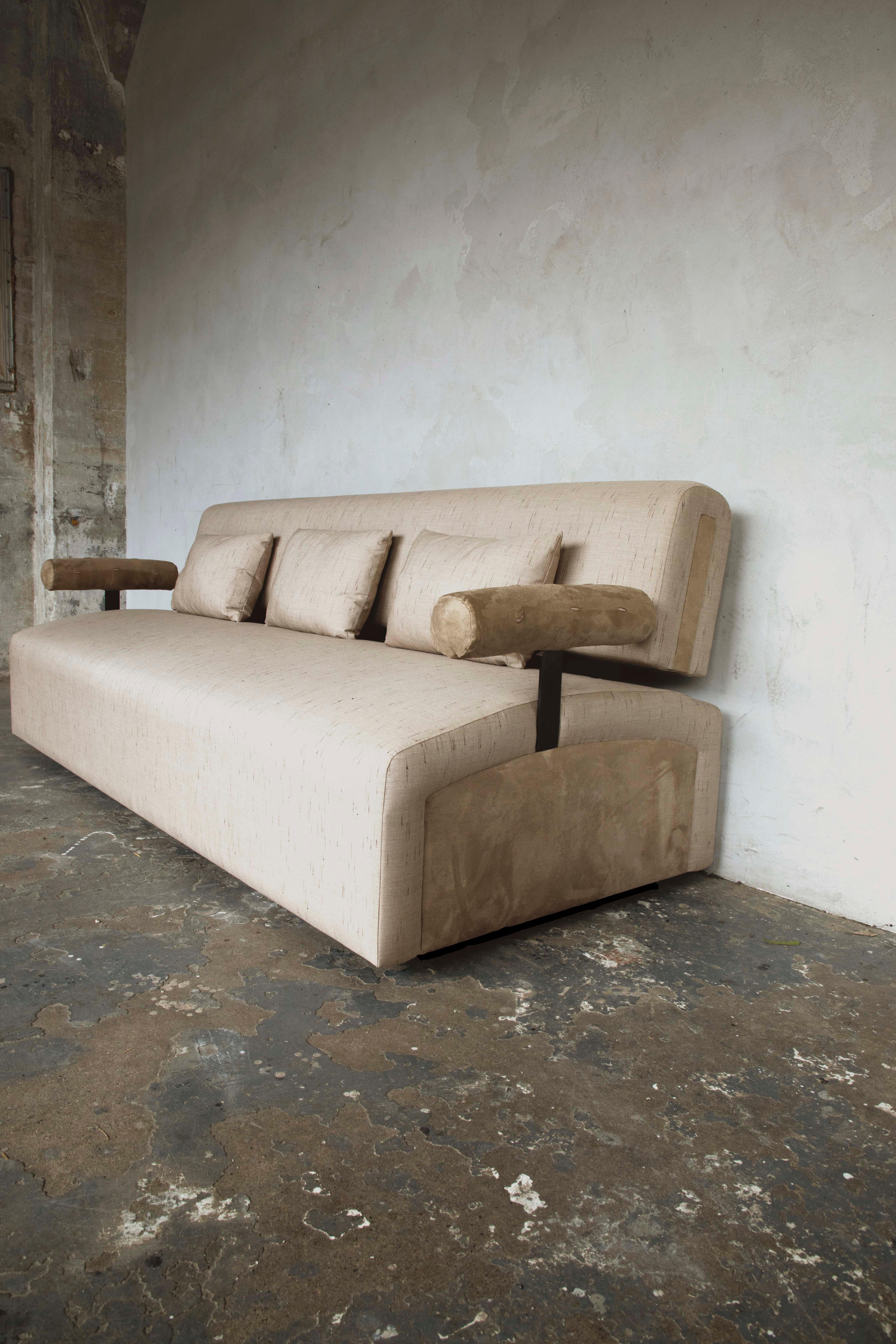 Raw Steel and Upholstered Oak, Contemporary, Sculptural, Pisa Sofa For Sale 3