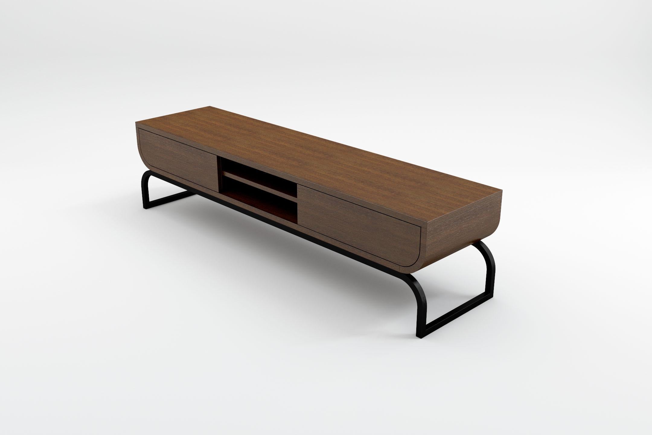 European Raw TV Console - Modern TV Console in Natural Wenge with Wrought Iron Base For Sale
