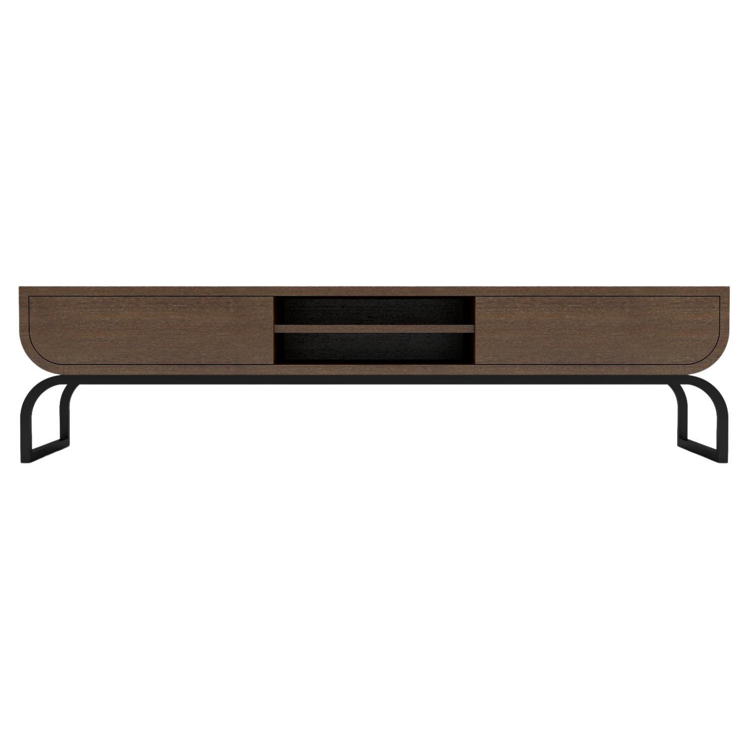 Raw TV Console - Modern TV Console in Natural Wenge with Wrought Iron Base For Sale