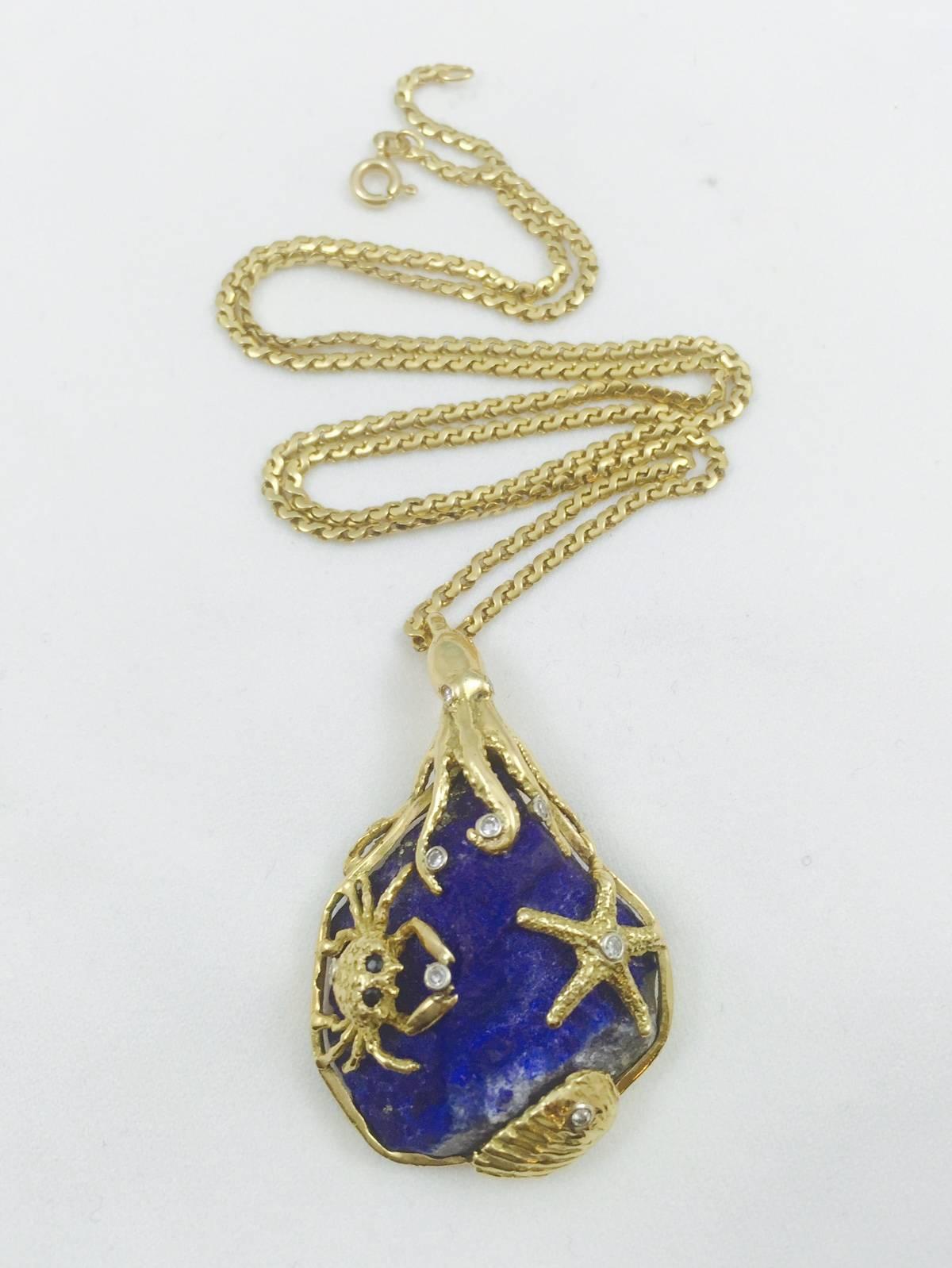 Contemporary Raw Unpolished Lapis Lazuli Diamond 18 Karat Gold Sea Life Necklace