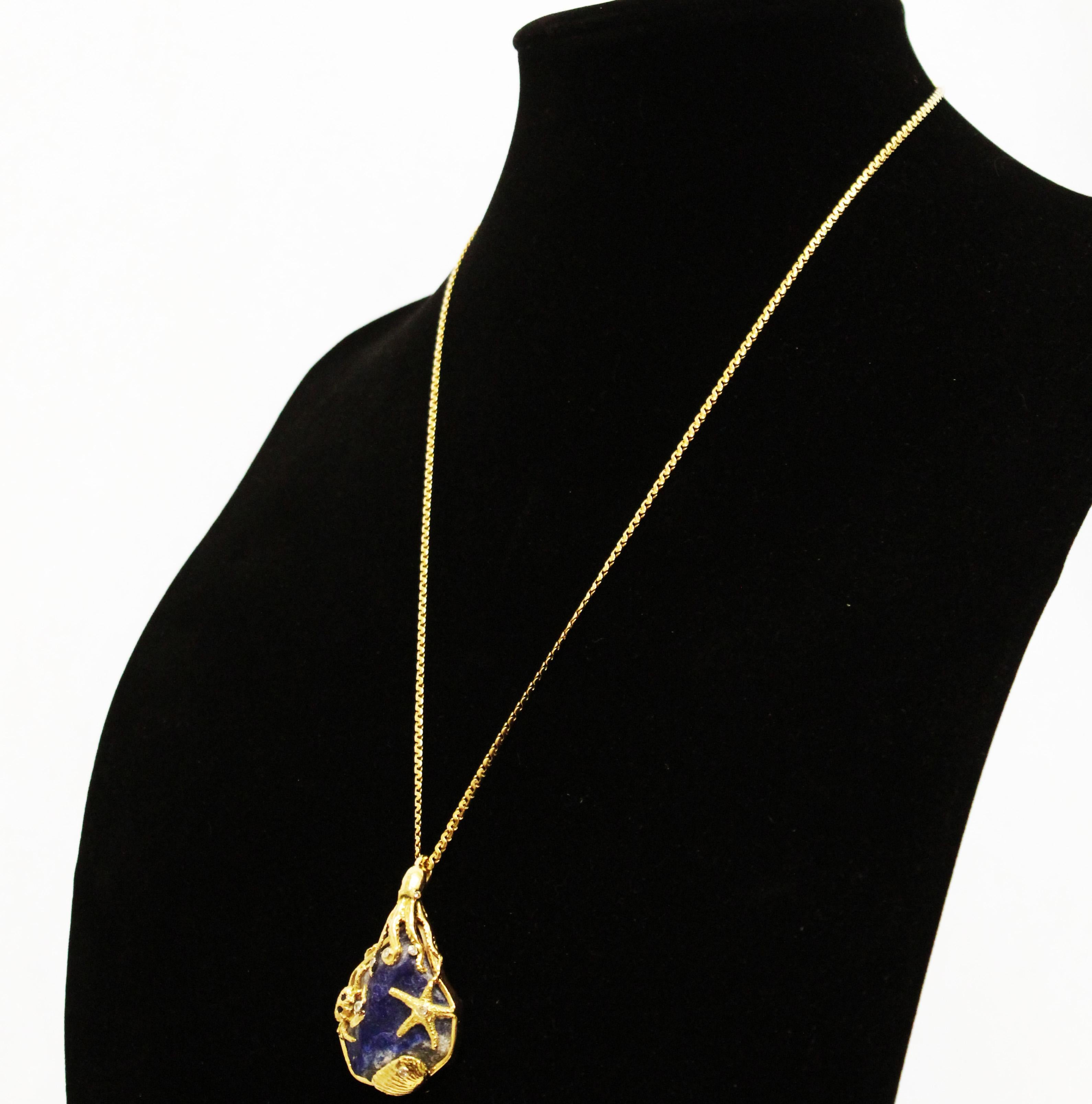 Raw Unpolished Lapis Lazuli Diamond 18 Karat Gold Sea Life Necklace In Excellent Condition In Palm Beach, FL