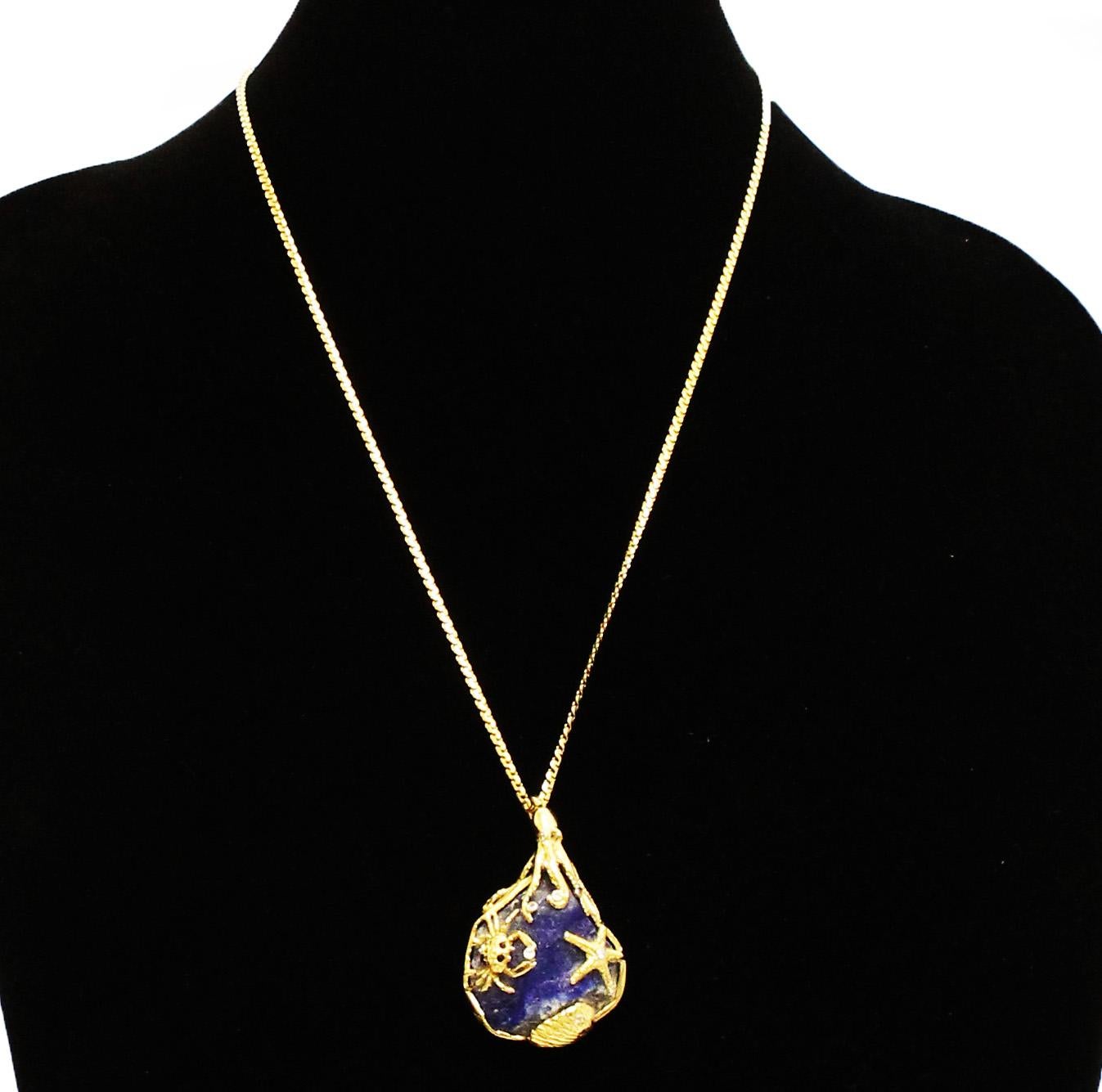 Women's or Men's Raw Unpolished Lapis Lazuli Diamond 18 Karat Gold Sea Life Necklace