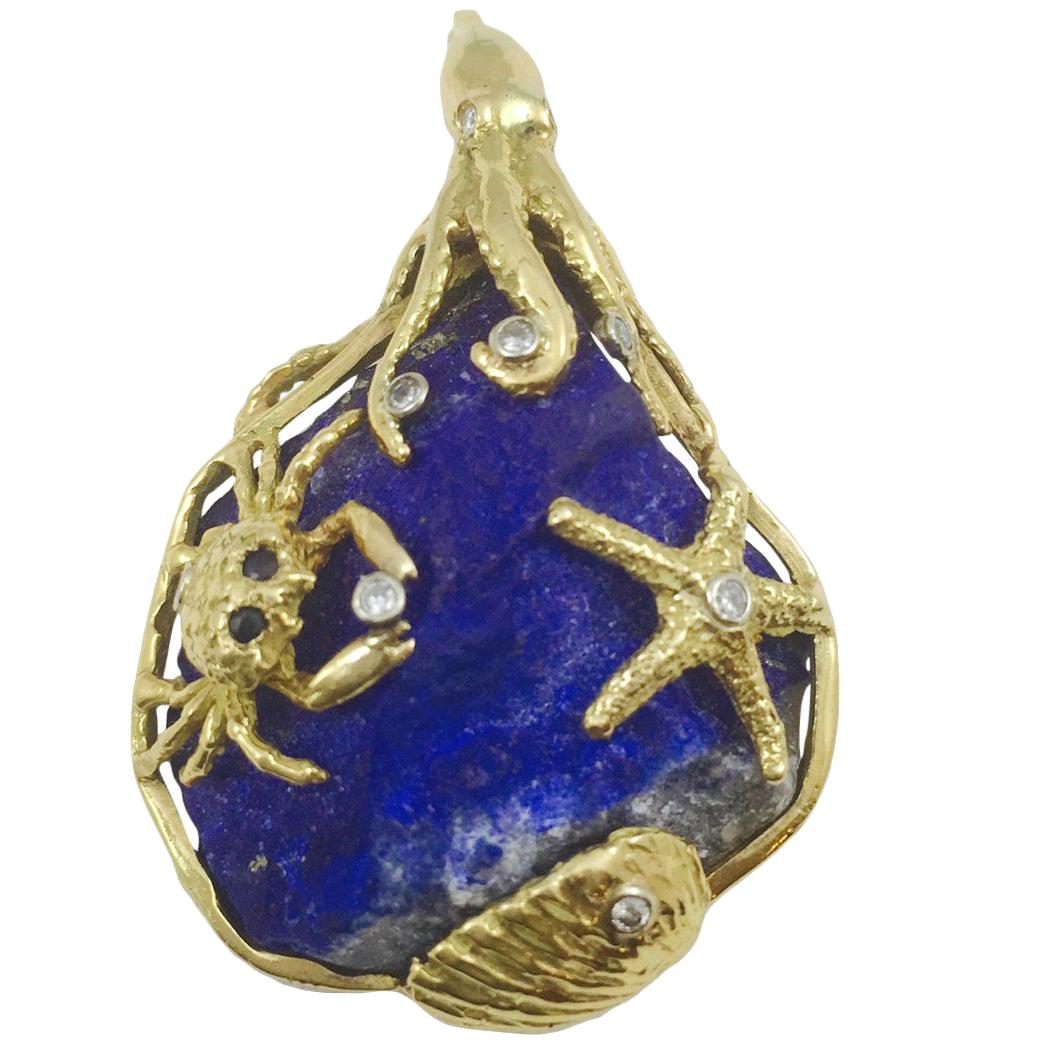 Raw Unpolished Lapis Lazuli Diamond 18 Karat Gold Sea Life Necklace