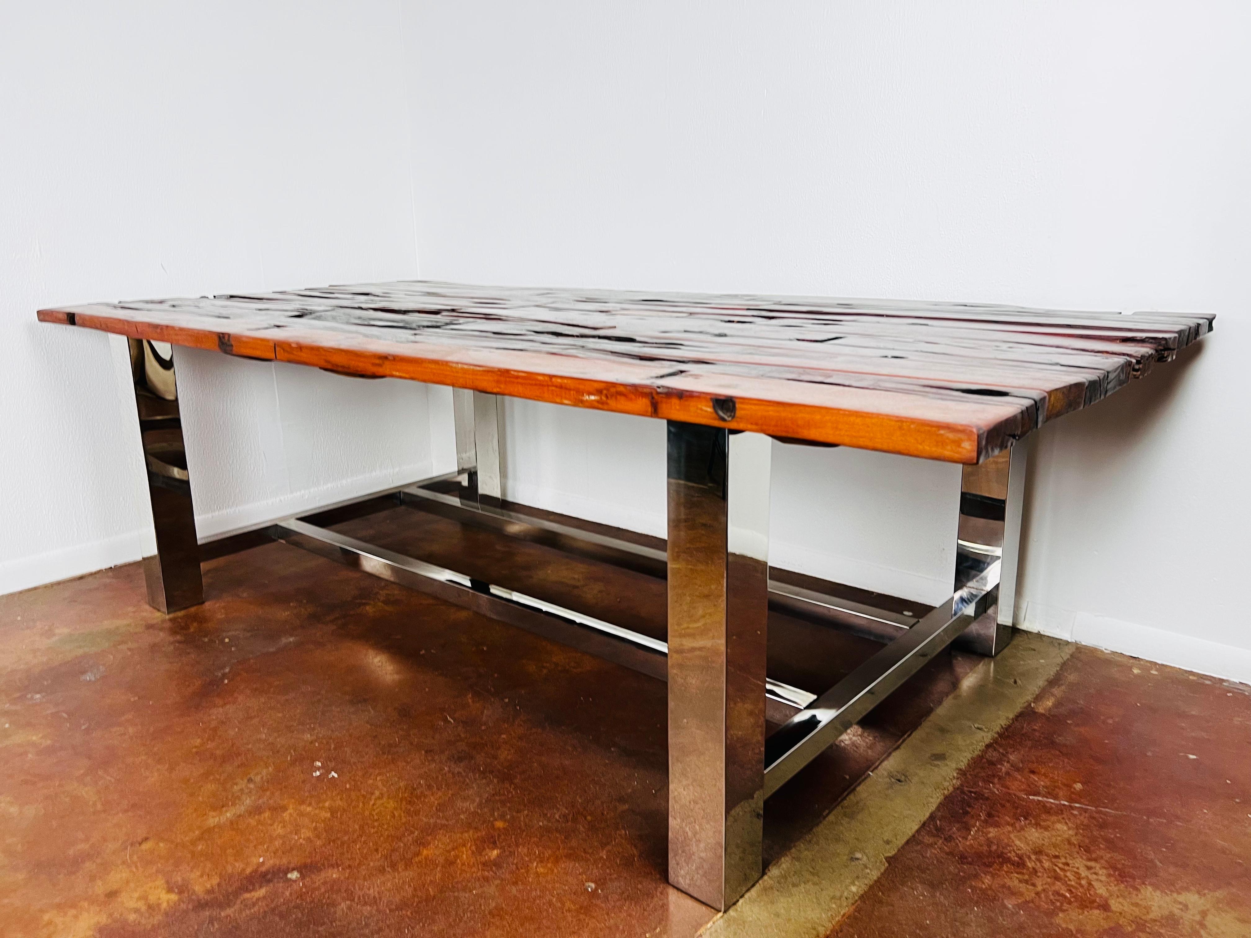 Brutalist Raw Wood & Chrome Dining Table For Sale
