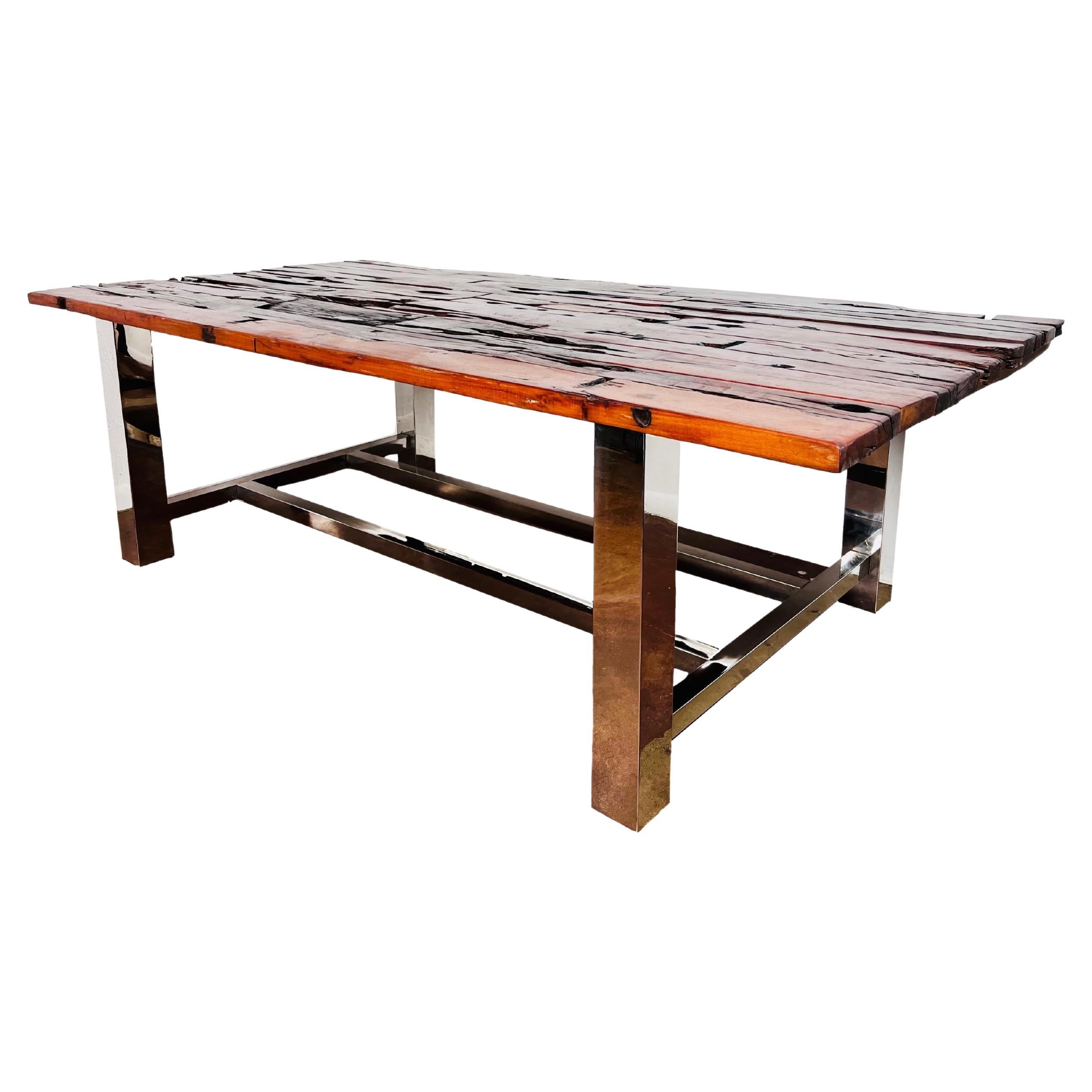 Raw Wood & Chrome Dining Table For Sale