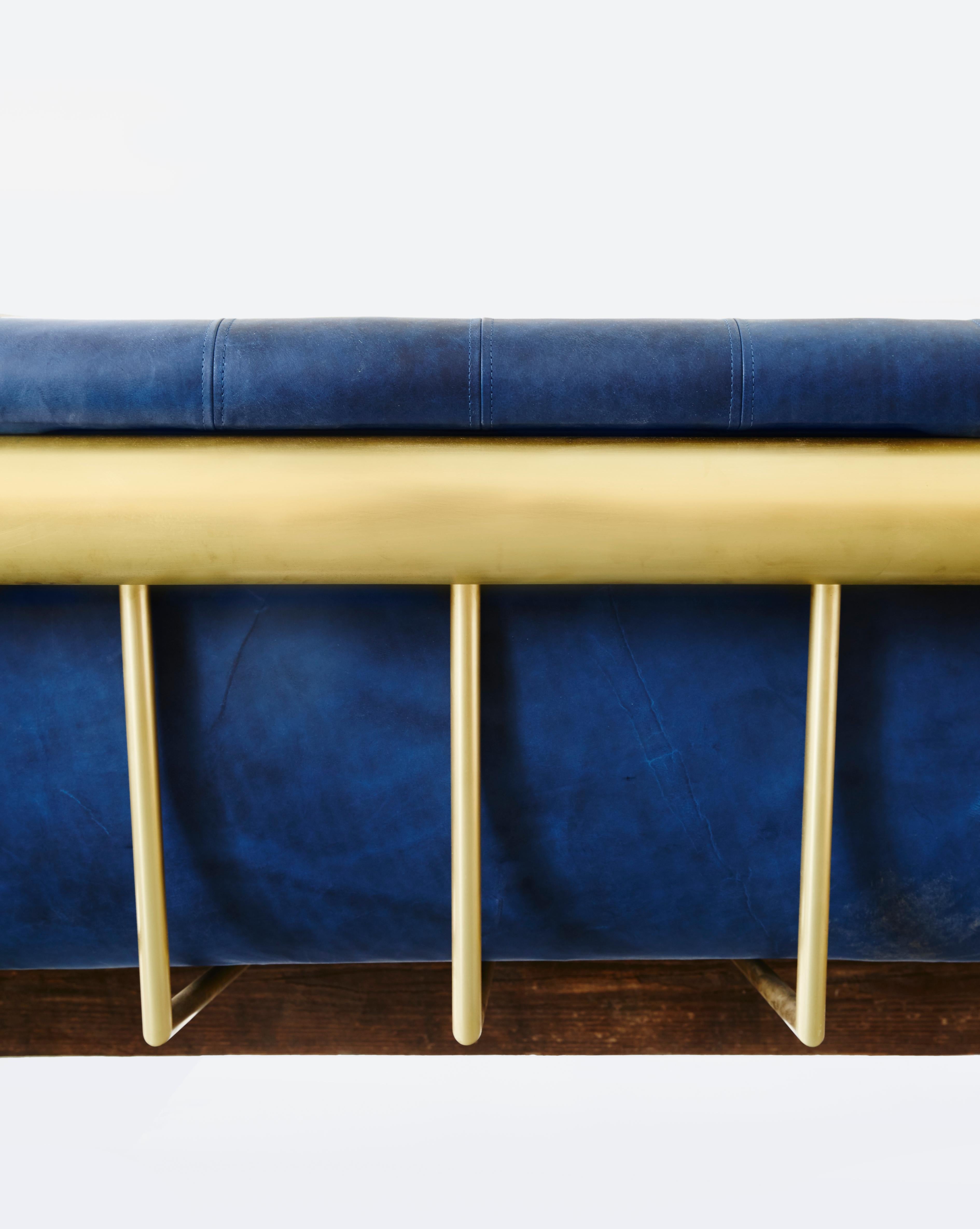 Modern Rawdeco Sofa in Indigo Dyed Cowhide and Pine by Cam Crockford For Sale