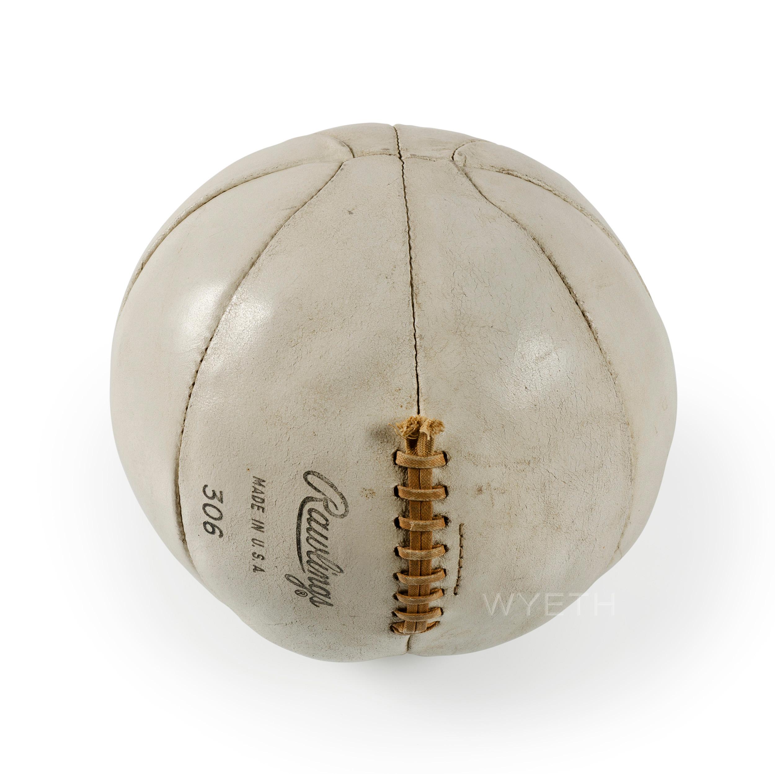 Original Model 306 A white leather medicine ball by Rawlings U.S.A. Inc. Manufactured in the 1950s.