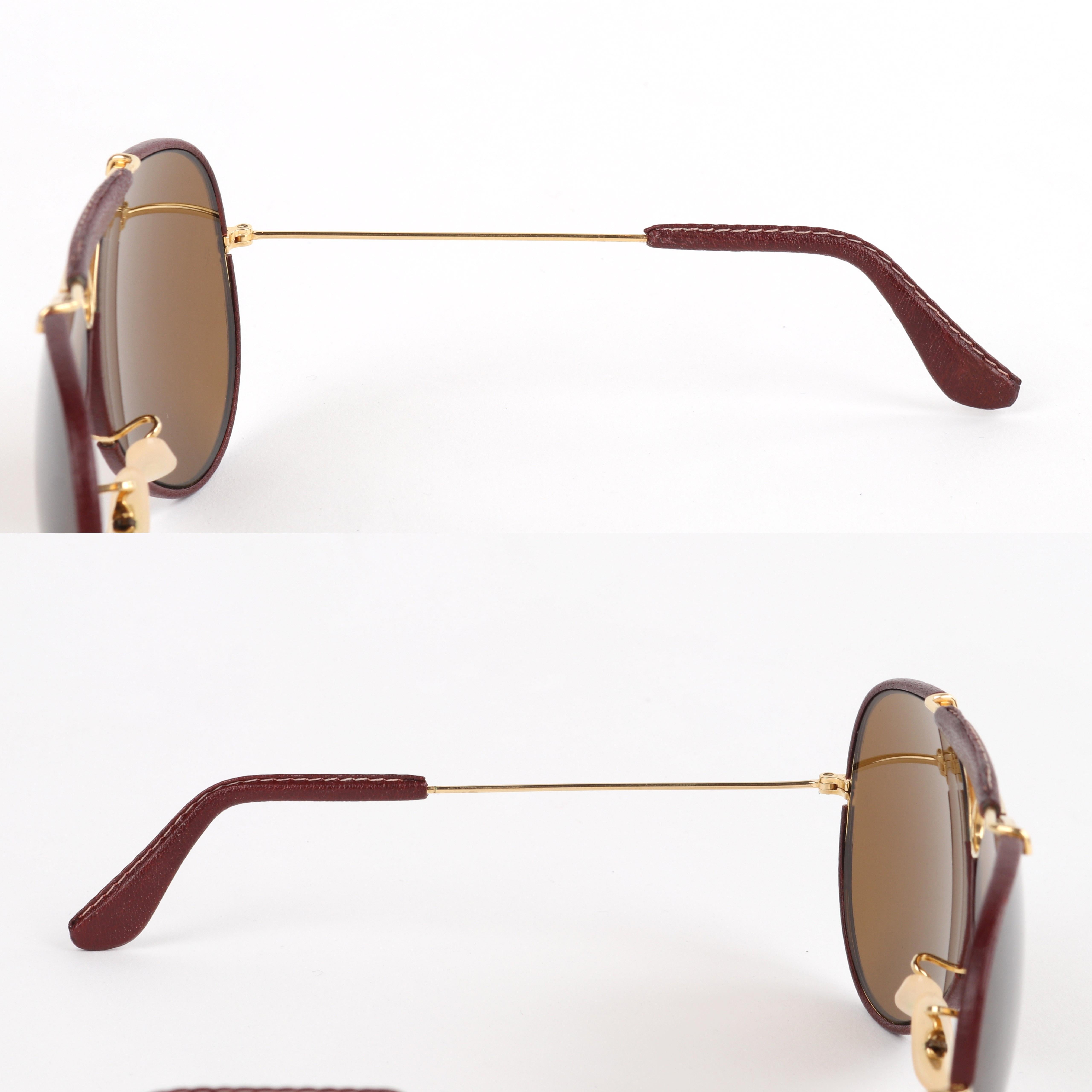 RAY BAN Bausch & Lomb c.1970's Gold Burgundy Leather Aviator Shooter Sunglasses 2