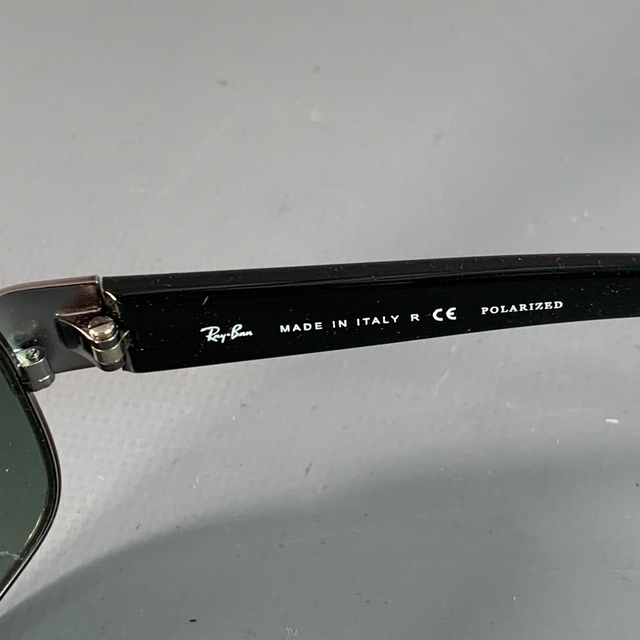 RAY-BAN Silver Black Metal Rectangular Polarized Sunglasses in vendita 1