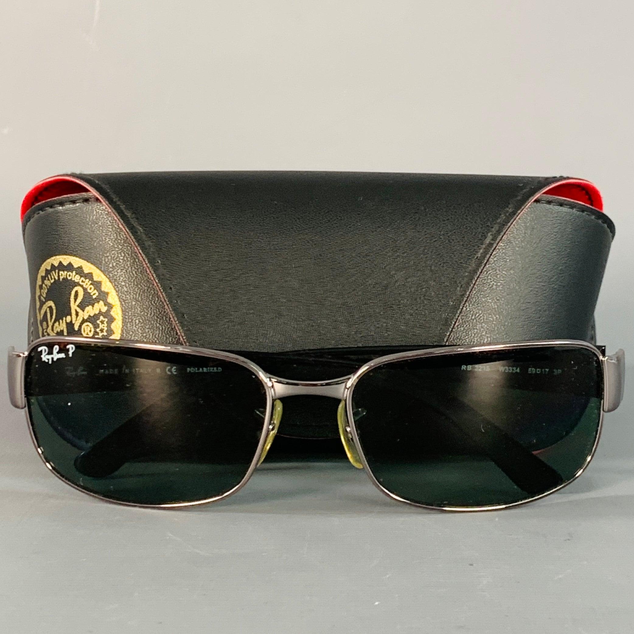 RAY-BAN Silver Black Metal Rectangular Polarized Sunglasses in vendita 2