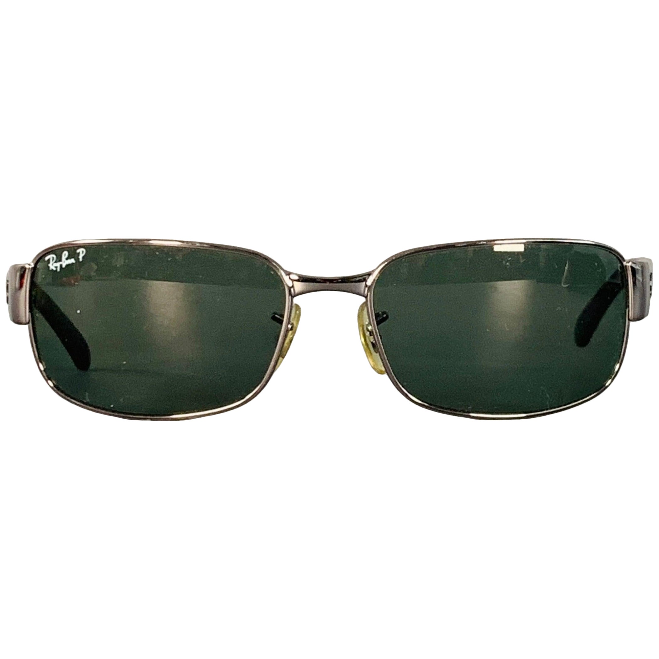 RAY-BAN Silver Black Metal Rectangular Polarized Sunglasses in vendita