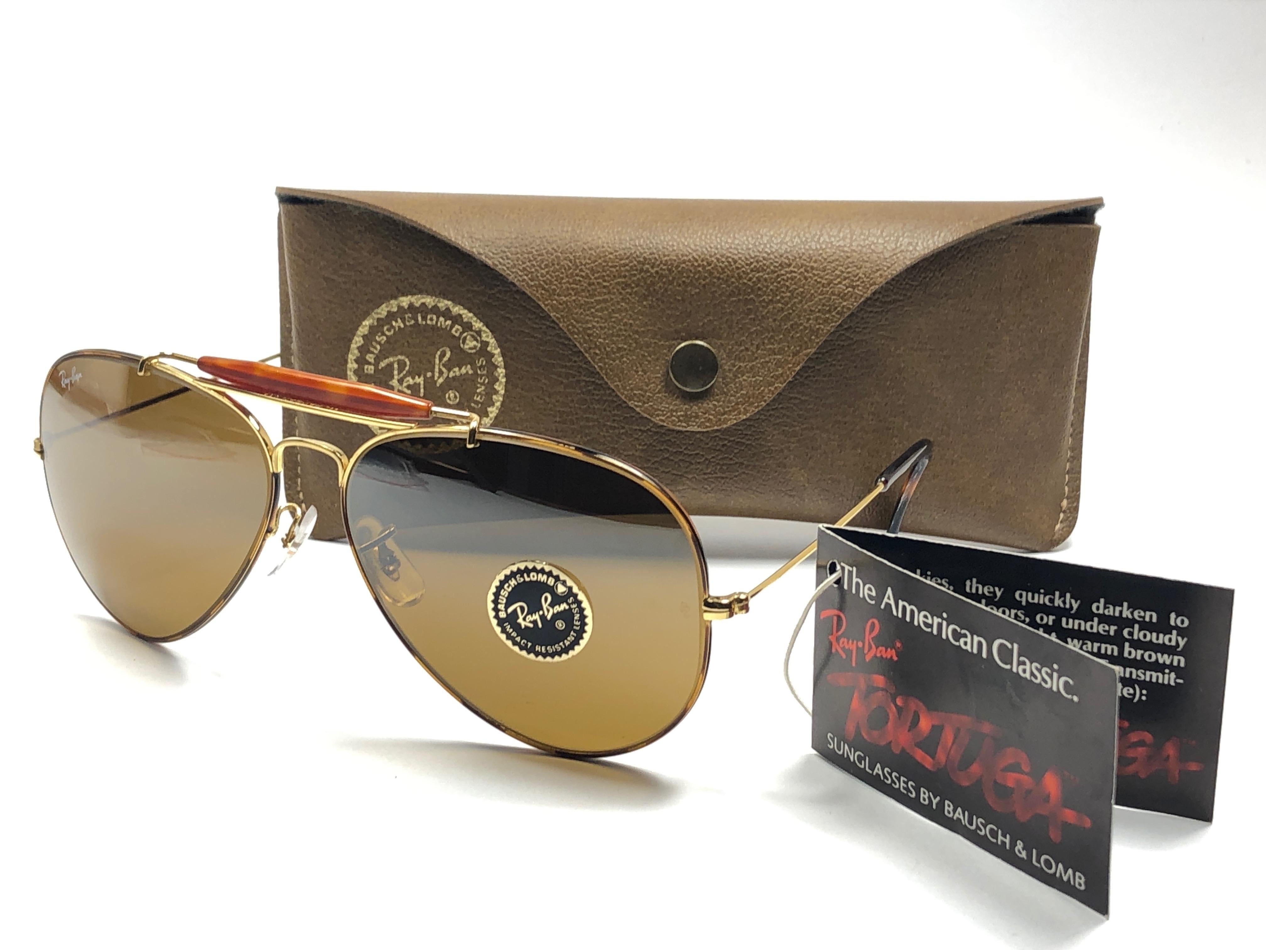 Black Ray Ban Vintage Outdoorsman Tortuga 62Mm Top Mirror Lenses B&L Sunglasses 1980 
