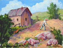 Original Carmel Valley Gardener Landscape, Signed Oil Painting by Ray Barton