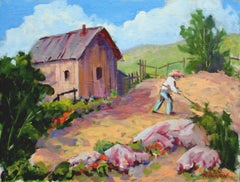 Original Carmel Valley Gardener Landscape, Signed Oil Painting by Ray Barton