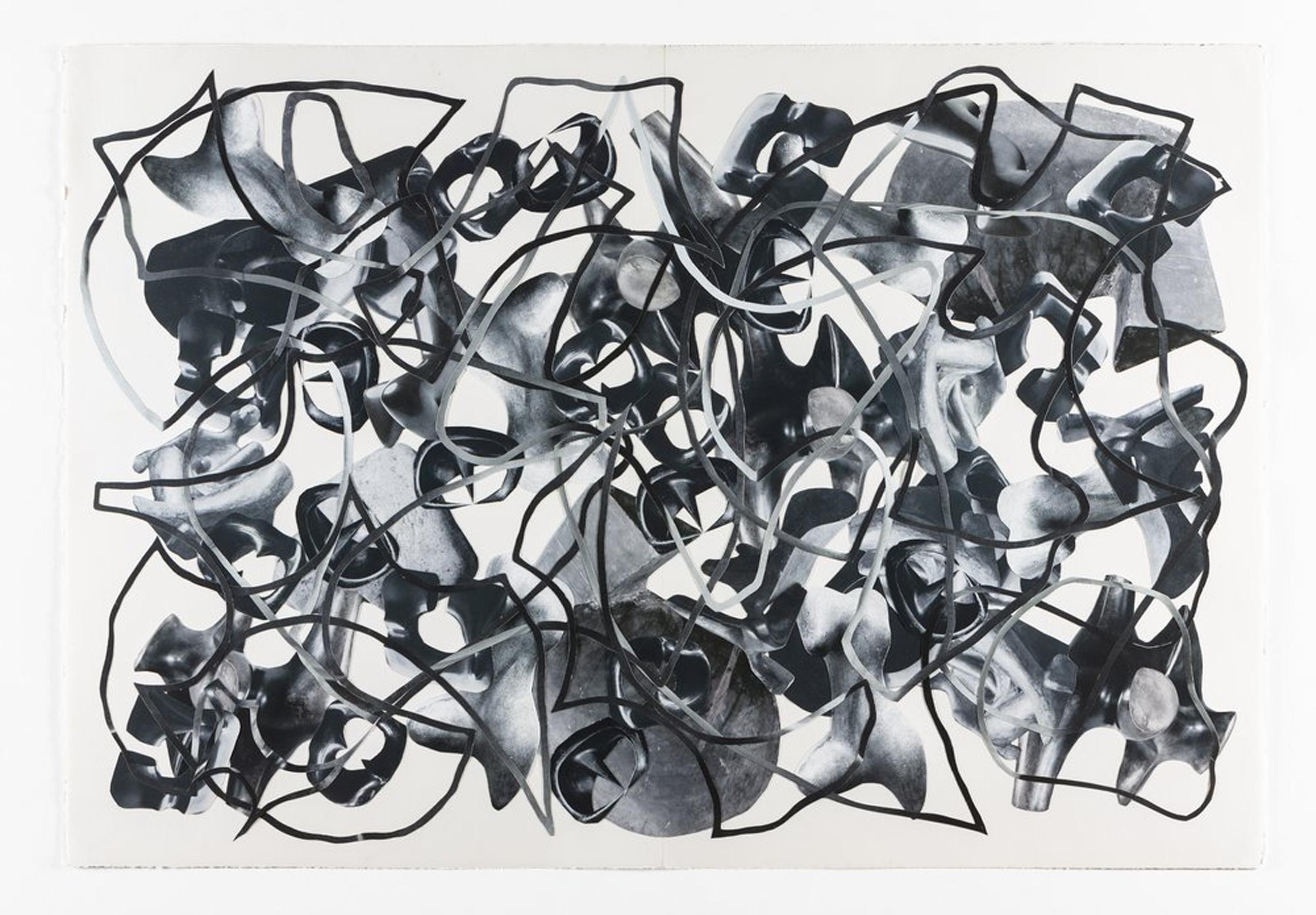 Abstract Drawing Ray Beldner - Quel que soit le soleil, collage abstrait en noir et blanc sur papier 