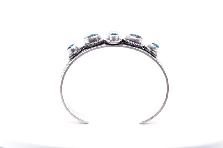 Ray Bennett Navajo Sterling Silver 7 Oval Blue-Black Turquoise Heavy Cuff For Sale 7