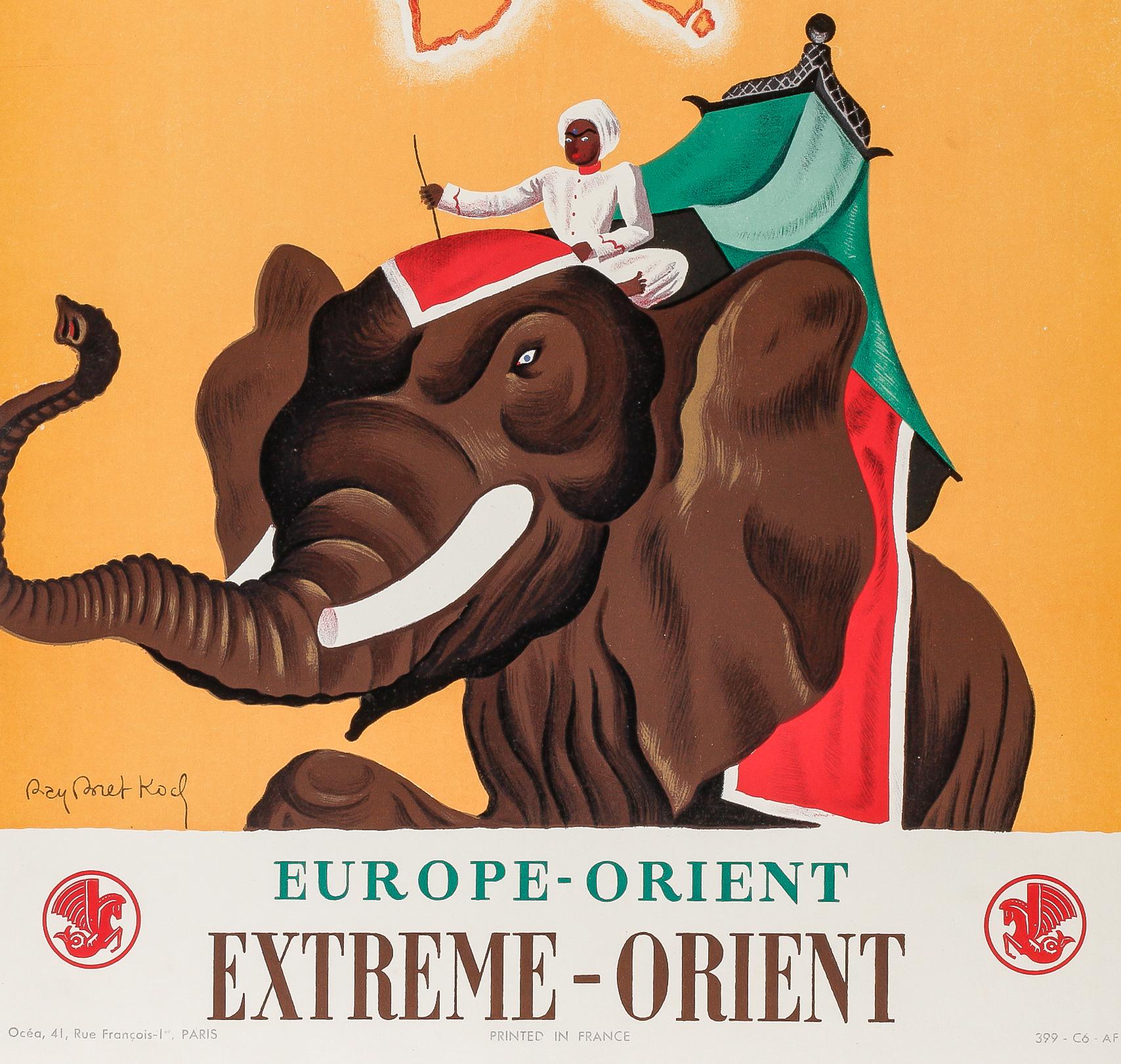 Air France poster created by Ray Bret Koch in 1938 to promote tourism from Europe to the Far East.

Artist: Ray Bret Koch (1902-1996)
Title : Air France – Europe – Orient – Extrême Orient
Date: 1938
Size: 12.3 x 19.4 in. / 31.2 x 49.3 cm.
Printer: