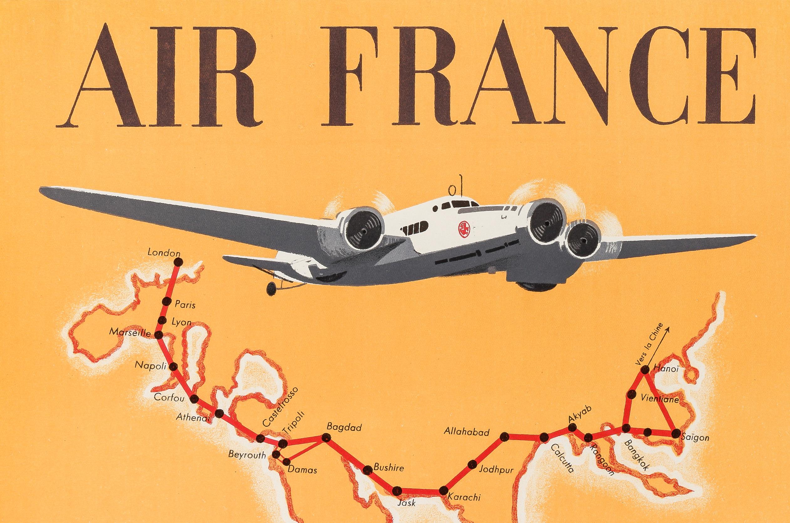 Ray Koch, affiche originale d'Air France, Extrême-Orient, Elephant Cornac, Inde 1938 Bon état - En vente à SAINT-OUEN-SUR-SEINE, FR