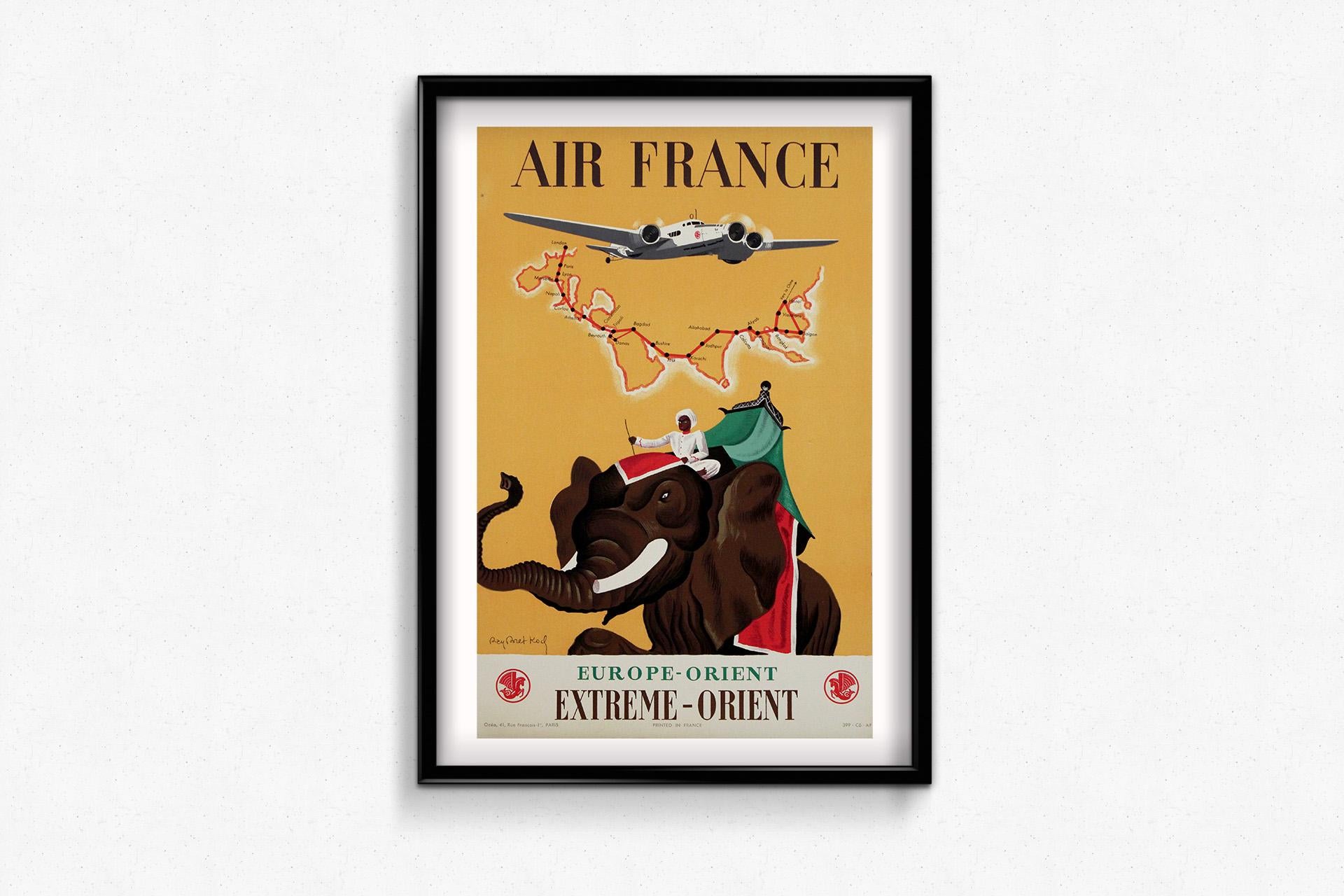 Cartel original de 1938 de Ray Bret-Koch Air France Europa a Extremo Oriente en venta 1