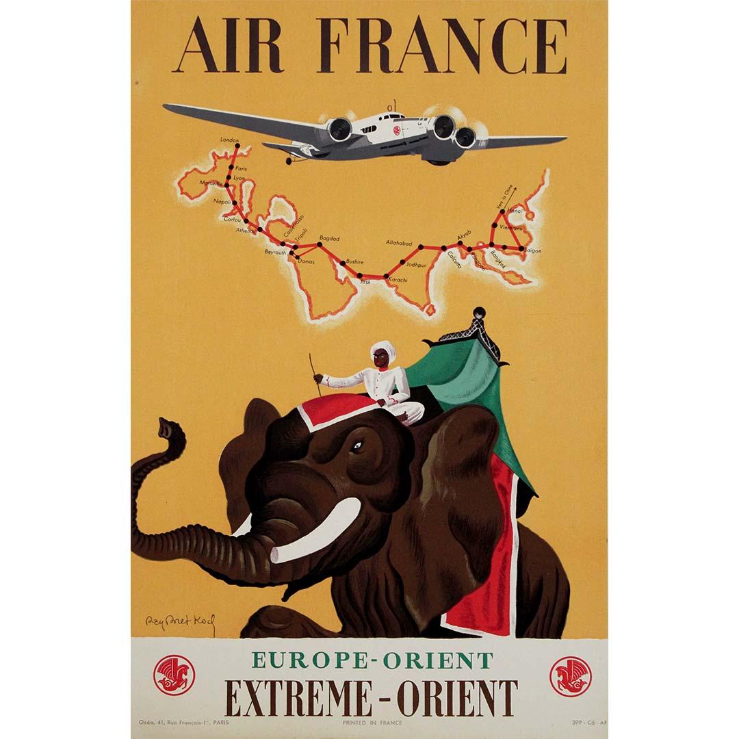 Este cartel original de 1938, obra de Ray Bret-Koch, fue creado para promocionar las legendarias rutas de larga distancia de Air France, que se extendían desde Europa hasta Extremo Oriente. En una época en que el transporte aéreo internacional