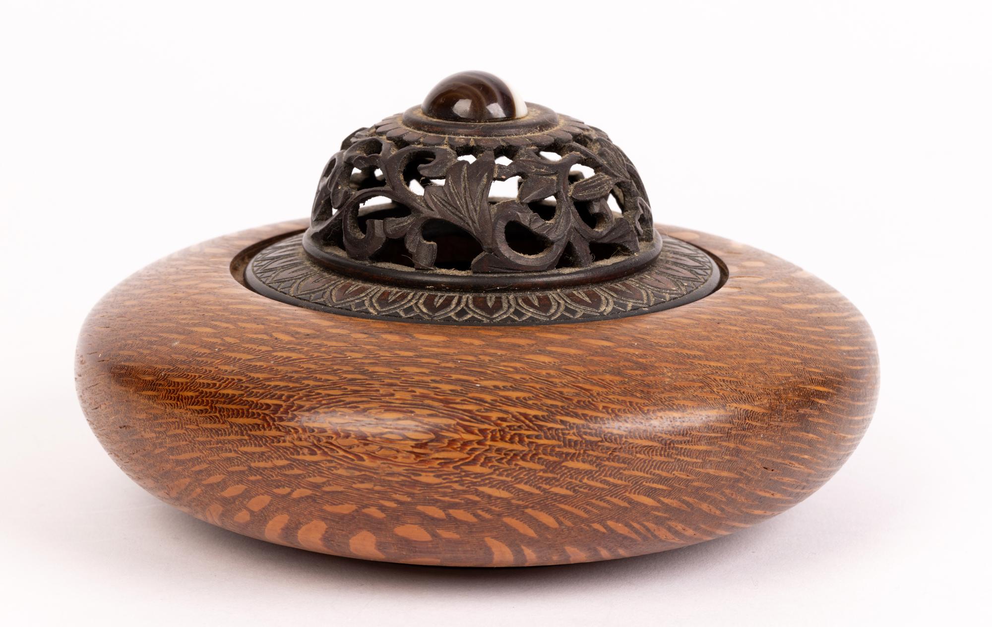 Ray Brown Scottish Hand Turned Wooden Agate Mounted Lidded Pot Pourri Bowl 2