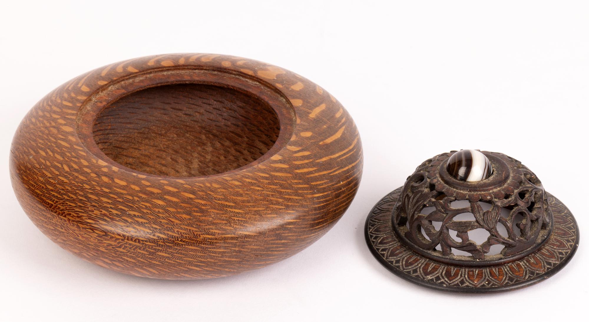 Hardwood Ray Brown Scottish Hand Turned Wooden Agate Mounted Lidded Pot Pourri Bowl