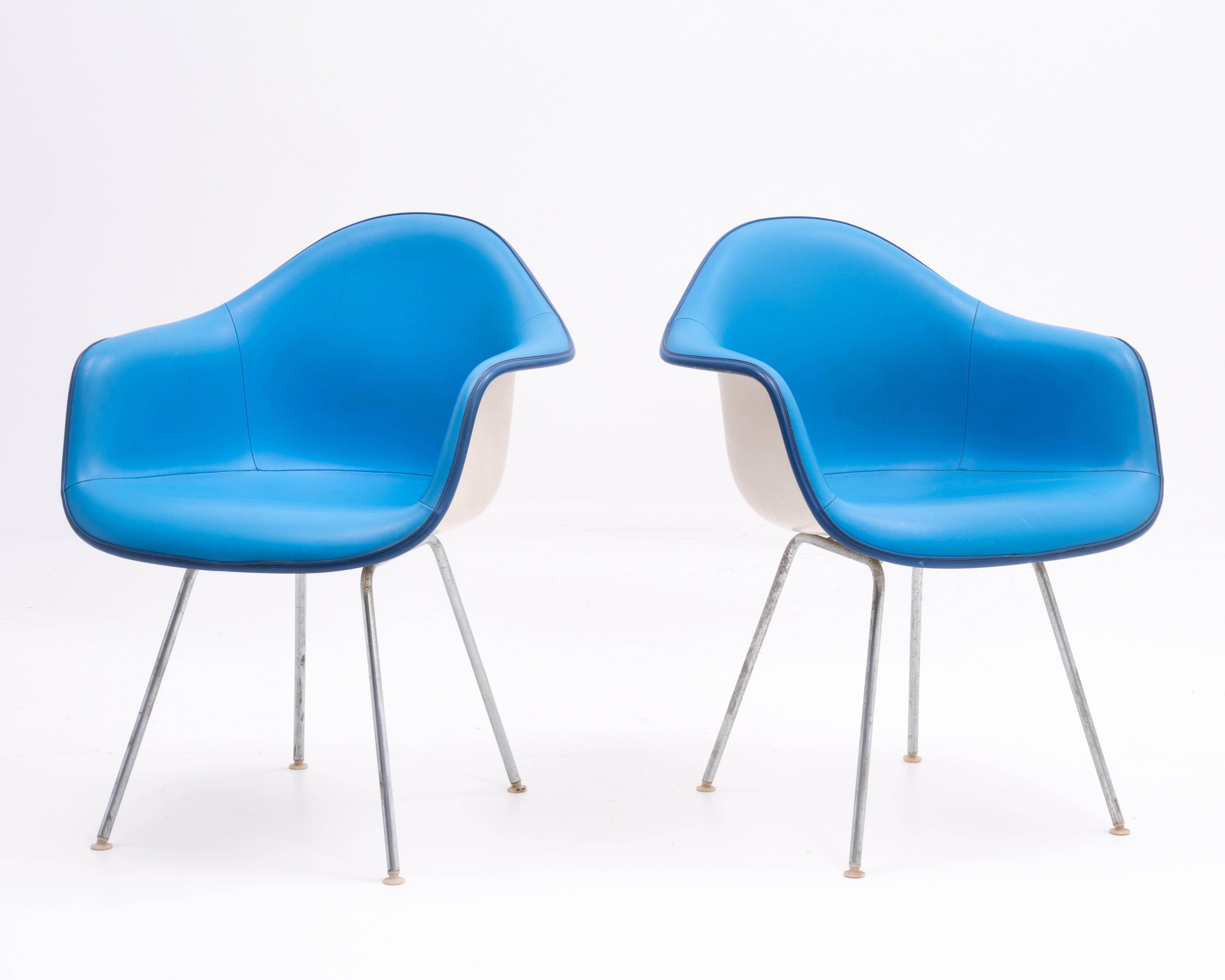 American Ray Charles Eames Herman Miller Padded Arm Shell Chairs Alexander Girard a Pair For Sale