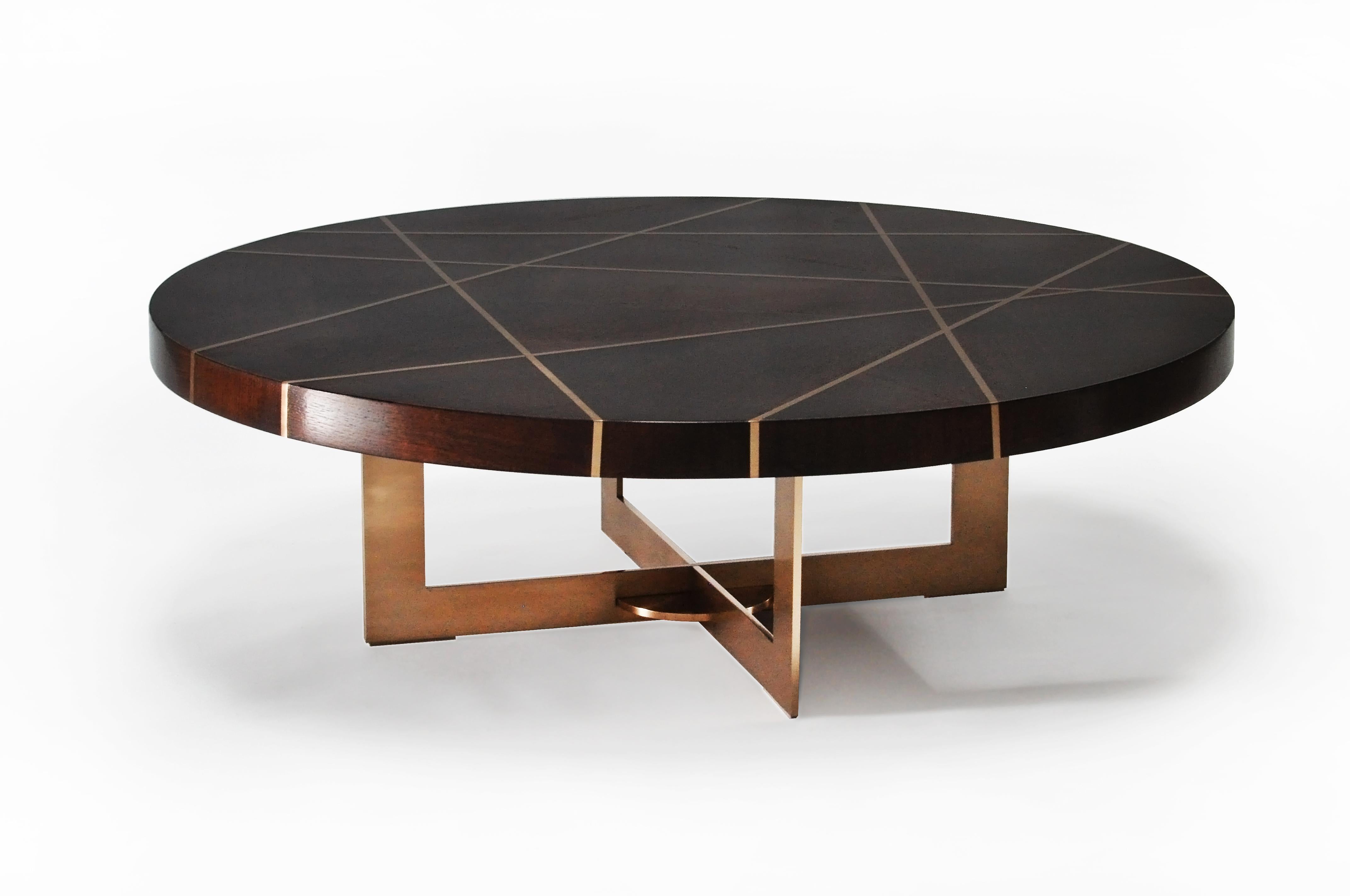 Ray Circular Cocktail Table in Walnut with Bronze Inlay By Newell Design Studio In New Condition For Sale In Orange, CA