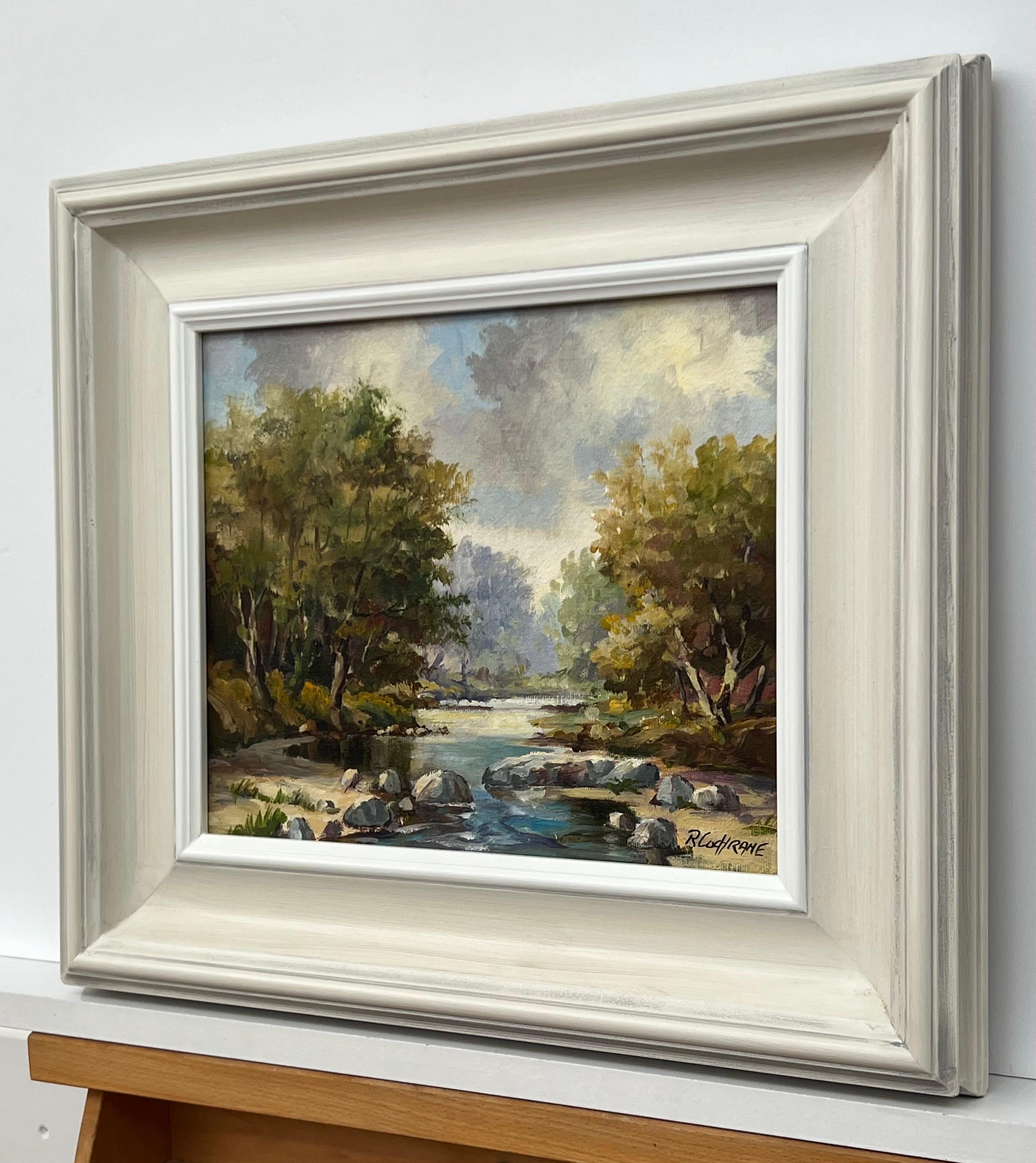 Quadro a olio d'epoca raffigurante un fiume nella campagna dell'Irlanda del Nord, realizzato da un artista irlandese - Landscape Painting Grigio di Ray Cochrane
