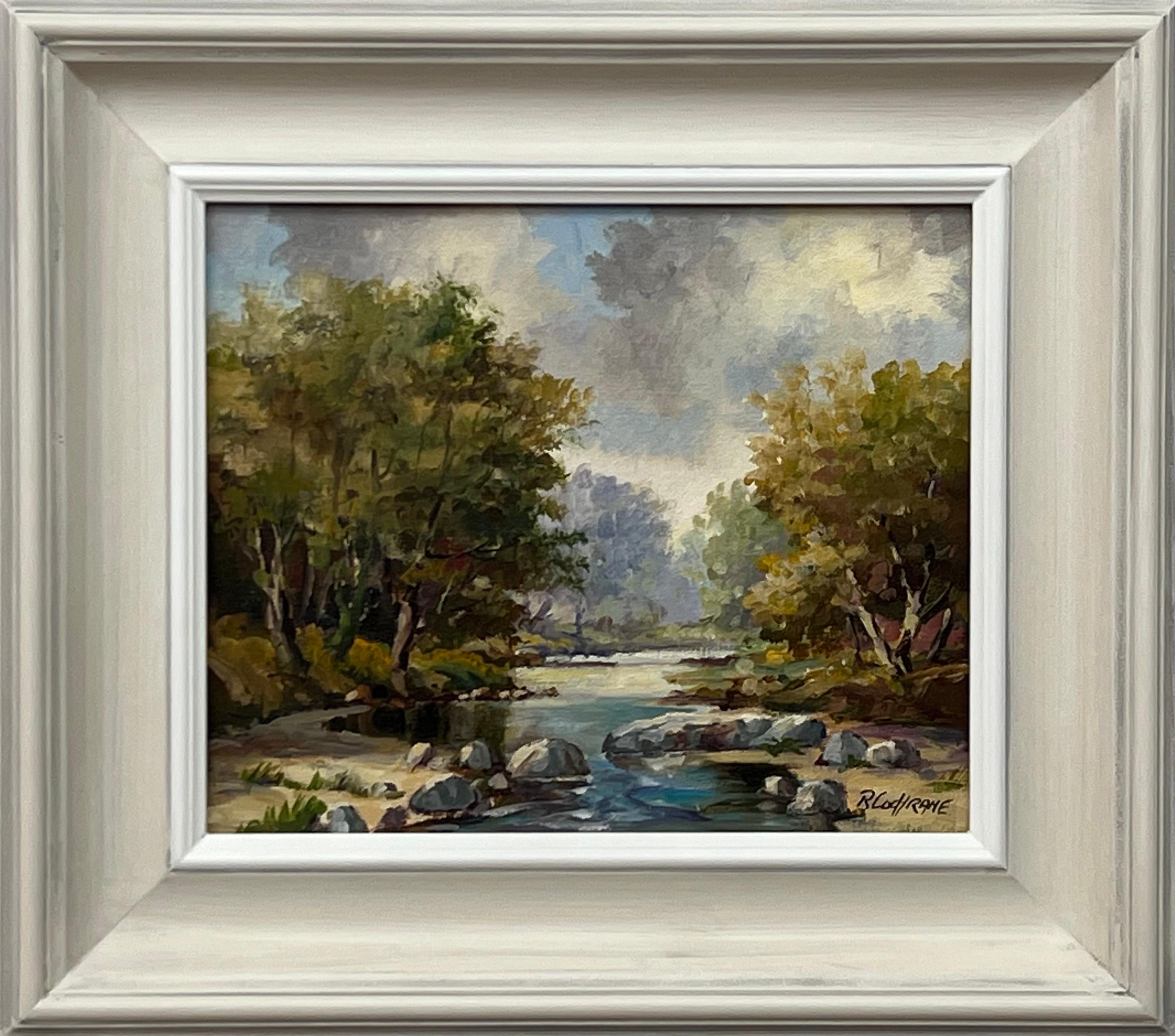 Landscape Painting di Ray Cochrane - Quadro a olio d'epoca raffigurante un fiume nella campagna dell'Irlanda del Nord, realizzato da un artista irlandese