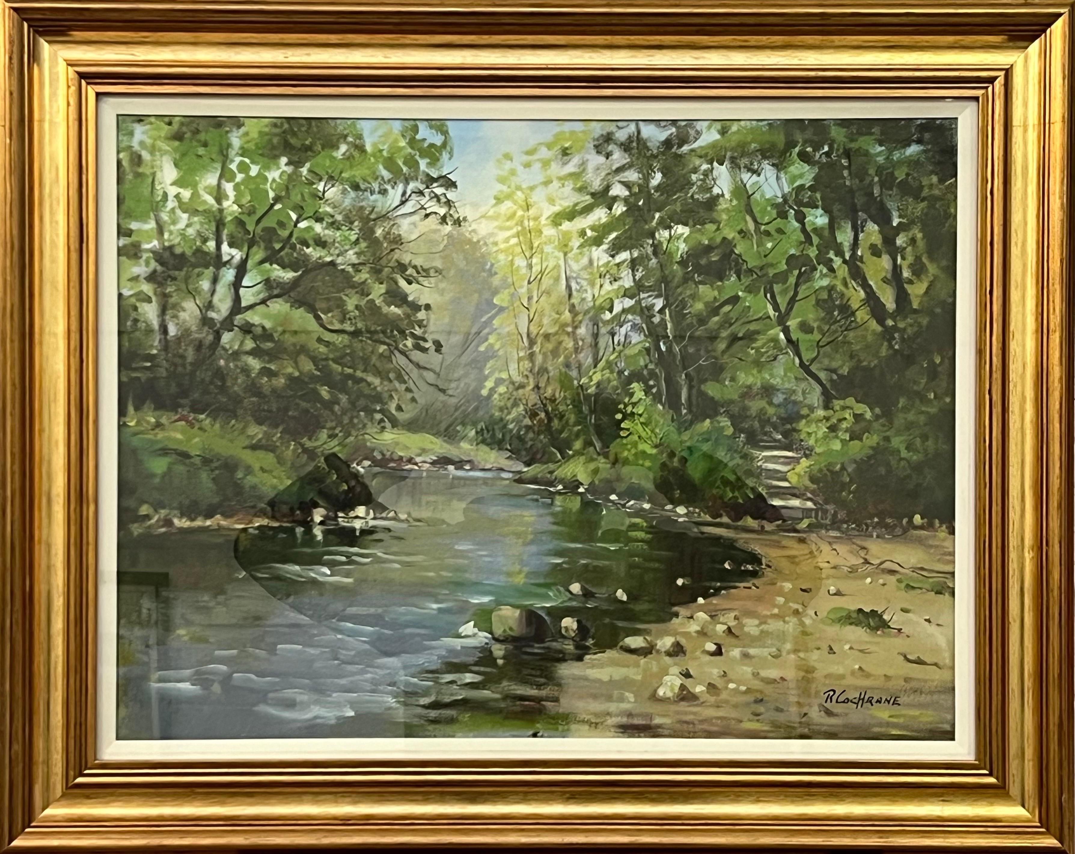 Ray Cochrane Landscape Painting - Vintage Post-Impressionist Painting of Tree-Lined River in the Irish Countryside