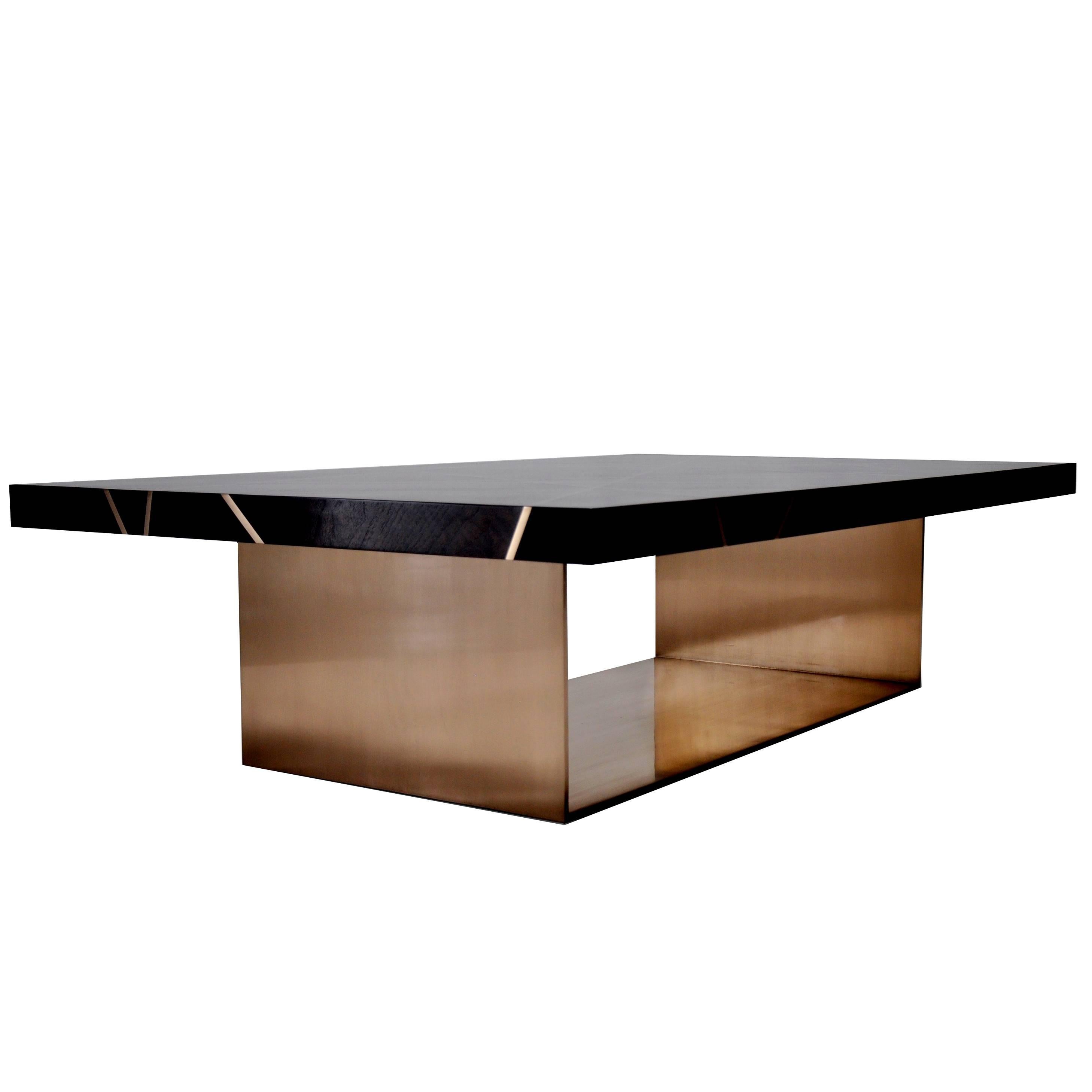 Ray Cocktail Table in Figured Walnut with Bronze Inlay and Base by Newell Design For Sale