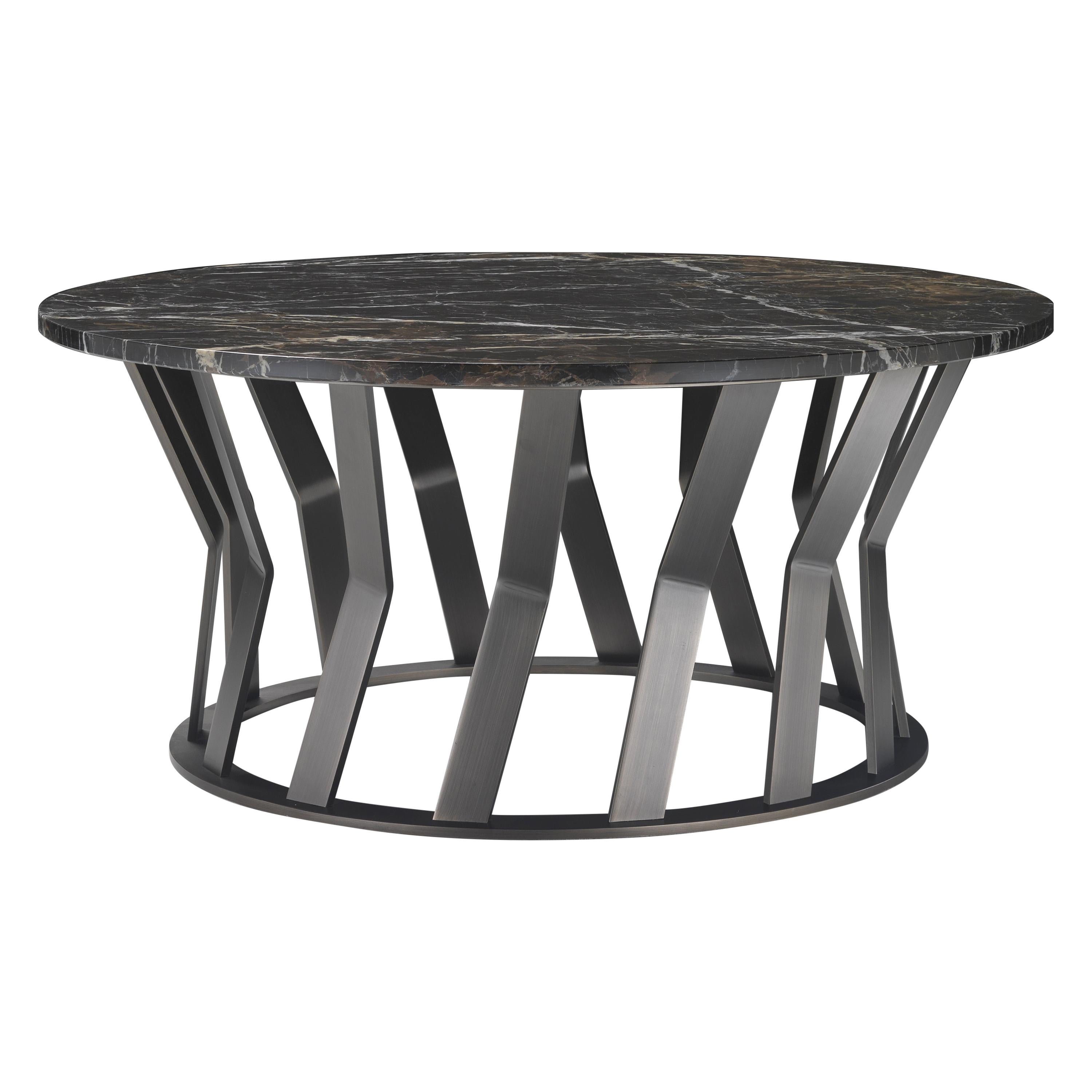 Ray Coffee Table with Black & Gold Marble Top and Bronze Metal Base by Zanaboni