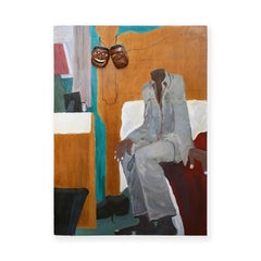 Abstraktes, figuratives, skulpturales Porträtgemälde auf Holzplatte in Gelb und Blau